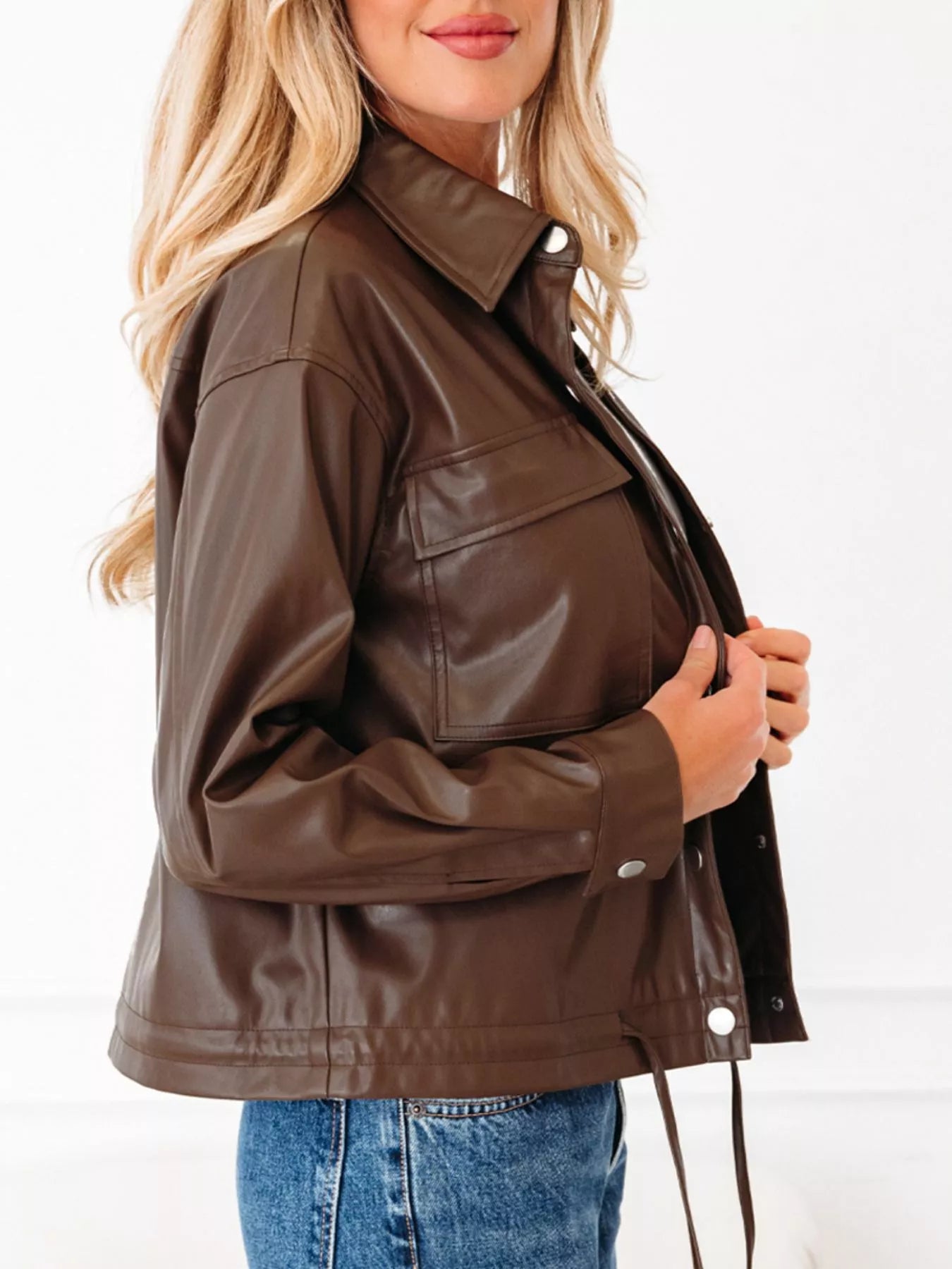Double Flap Pocket Drawstring Hem Leather Jacket