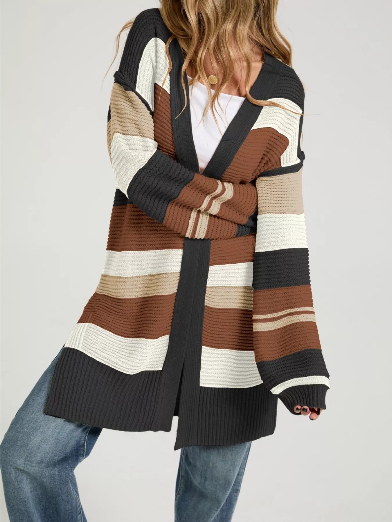 Color Block Striped Open Front Cardigan