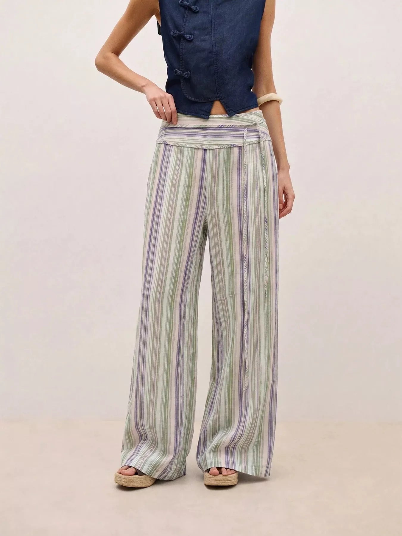 Striped Wide-Leg Pants with Tie Waist