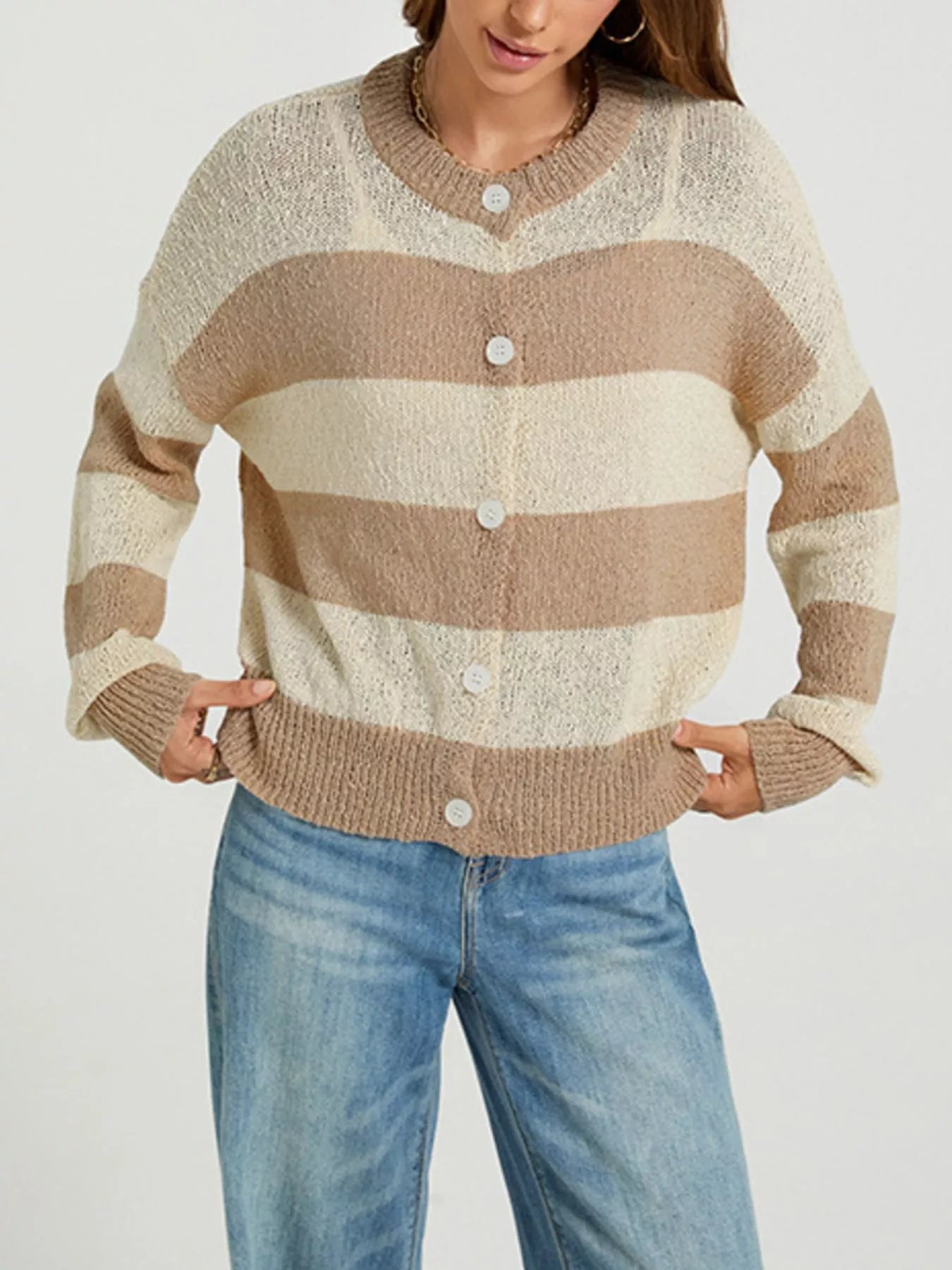 Casual Striped Button-Down Knit Cardigan