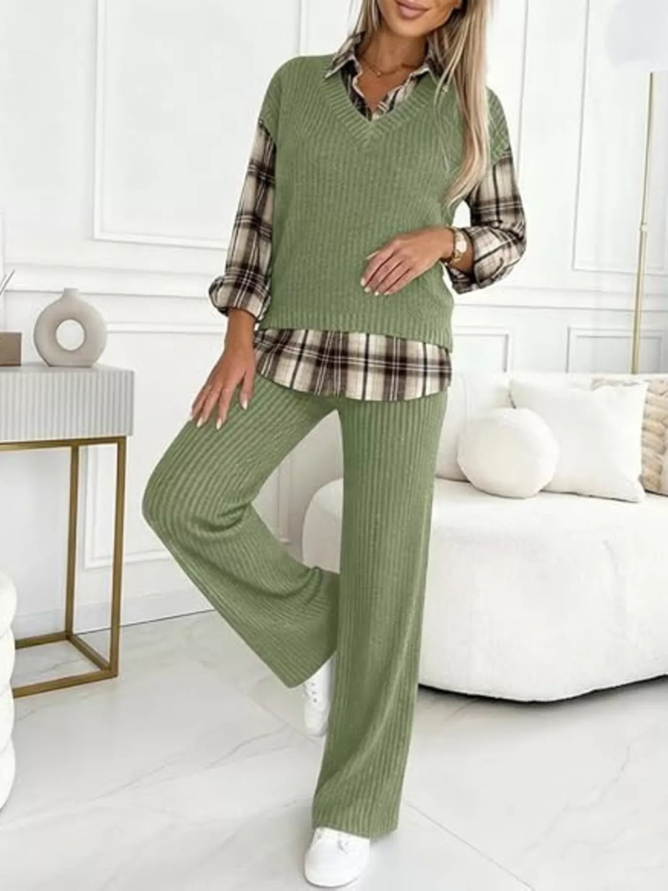 Ribbed Knit Plaid Sleeve Top & Pants Set