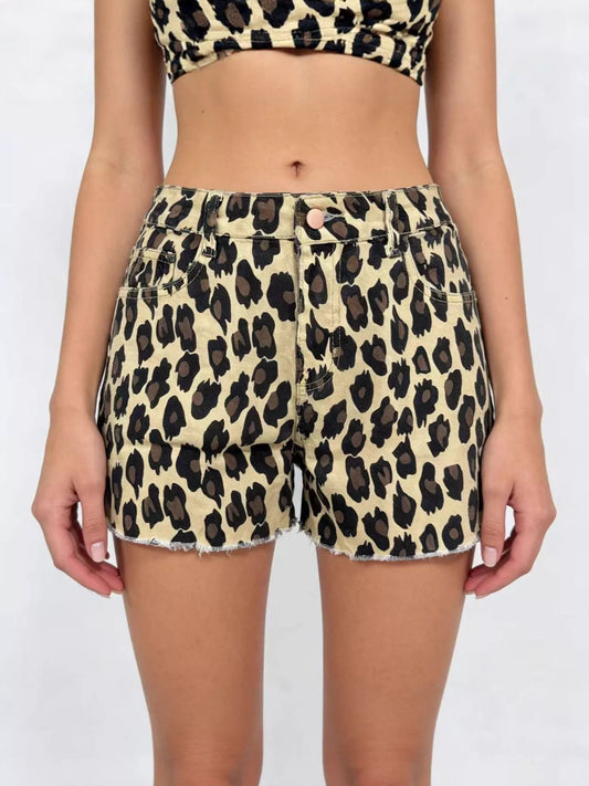 Leopard Print High-Waisted Denim Shorts