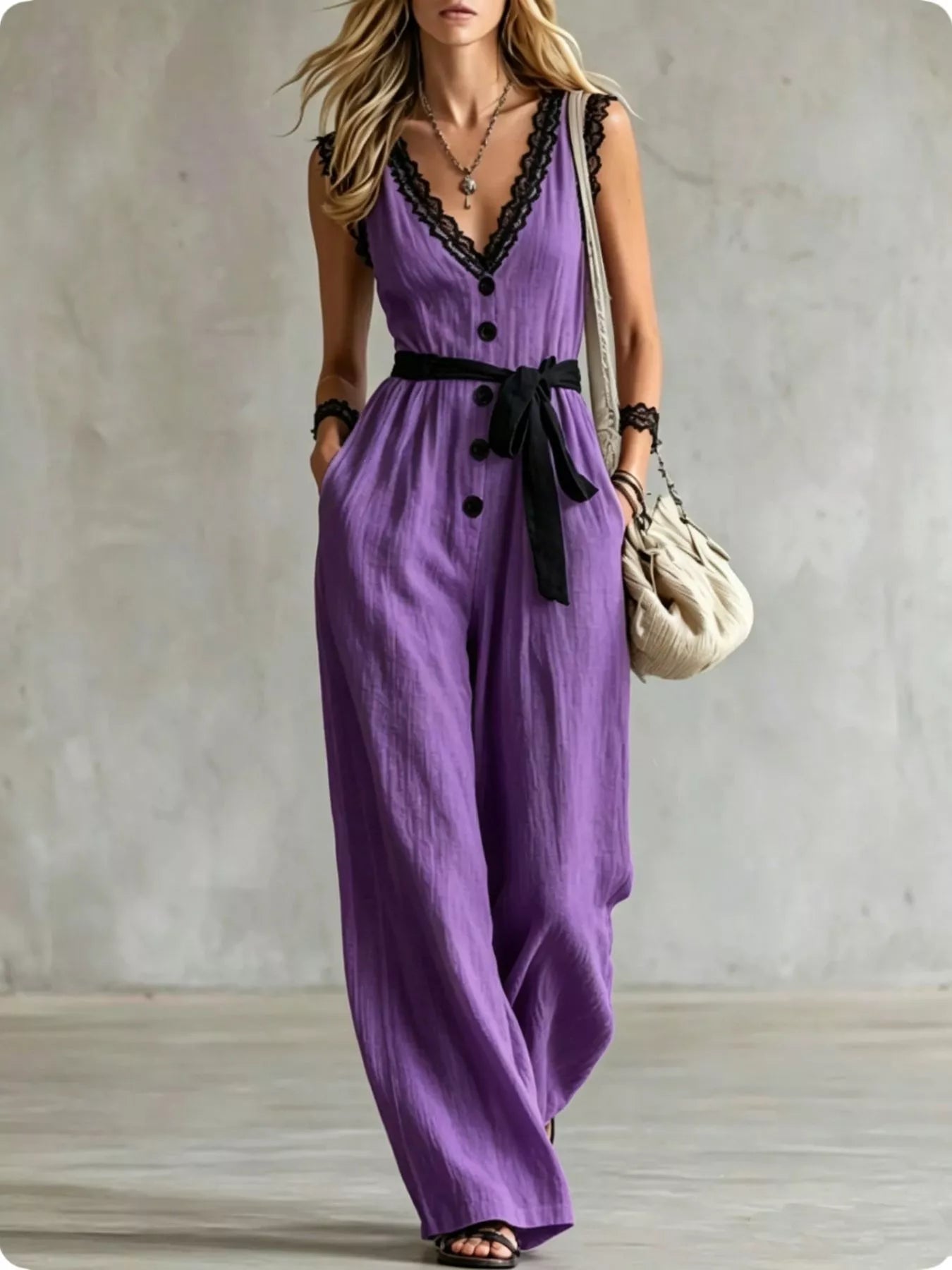 Lace Detail V-Neck Sleeveless Jumpsuit