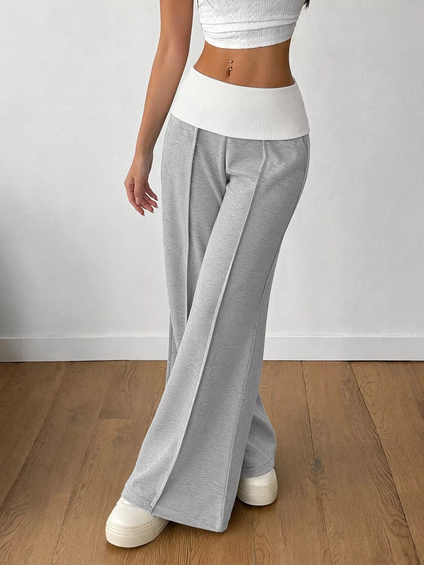 High-Waisted Wide-Leg Contrast Pants