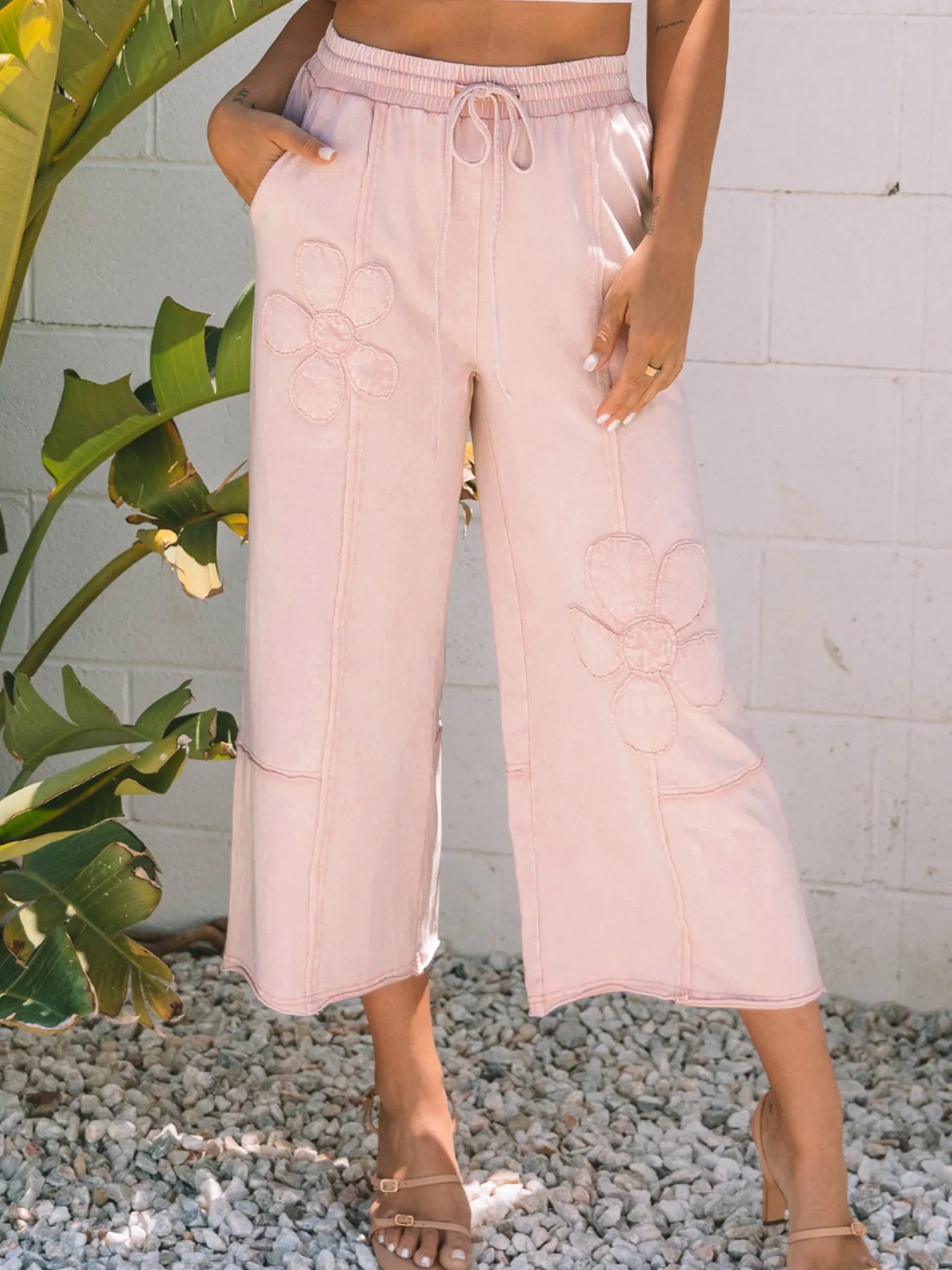 Floral Wide Leg Crop Pants with Drawstring Waistband