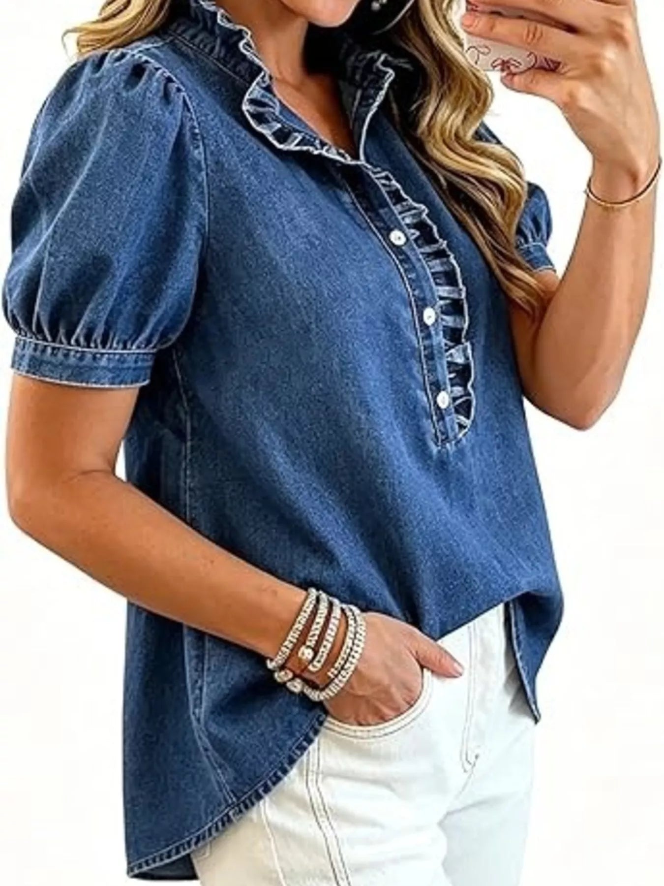 Frill Puff Sleeve Denim Top