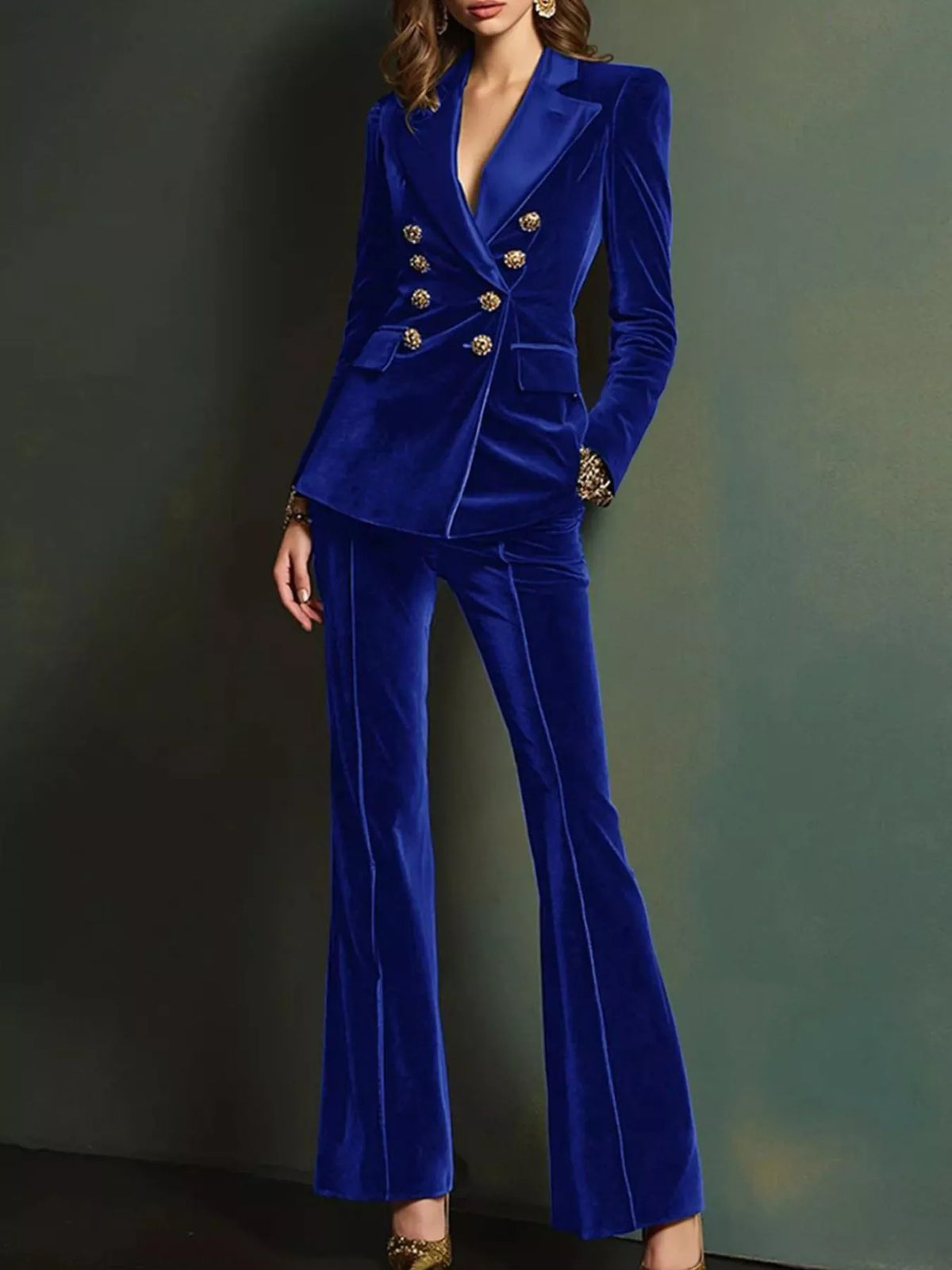 Velvet Double-Breasted Blazer and Flare Pant Set