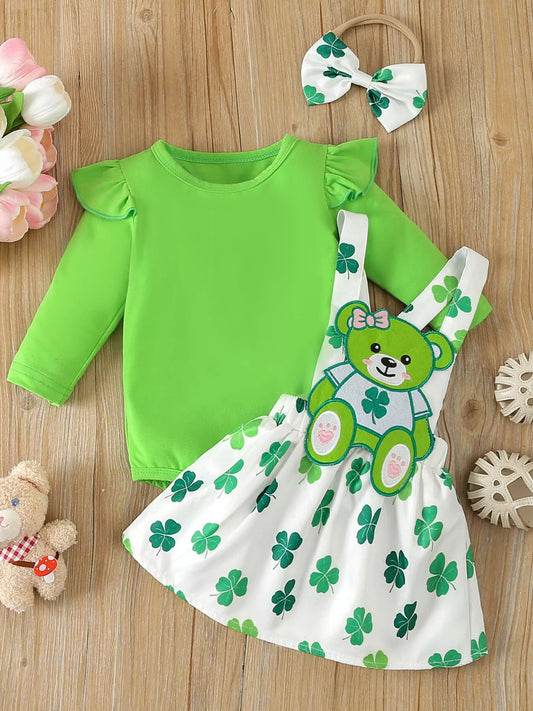 Children's Ruffled Long Sleeve Bodysuit and Overall Dress Set with Headband