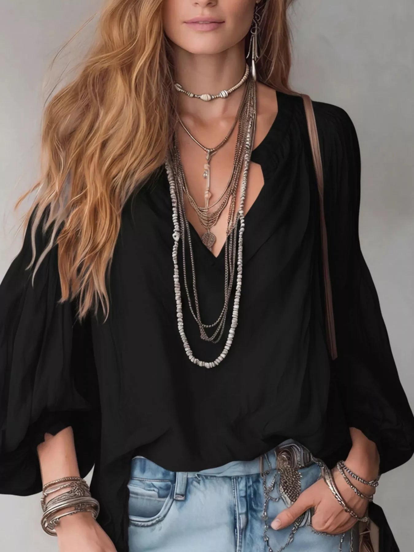 Notched Balloon Sleeve Blouse