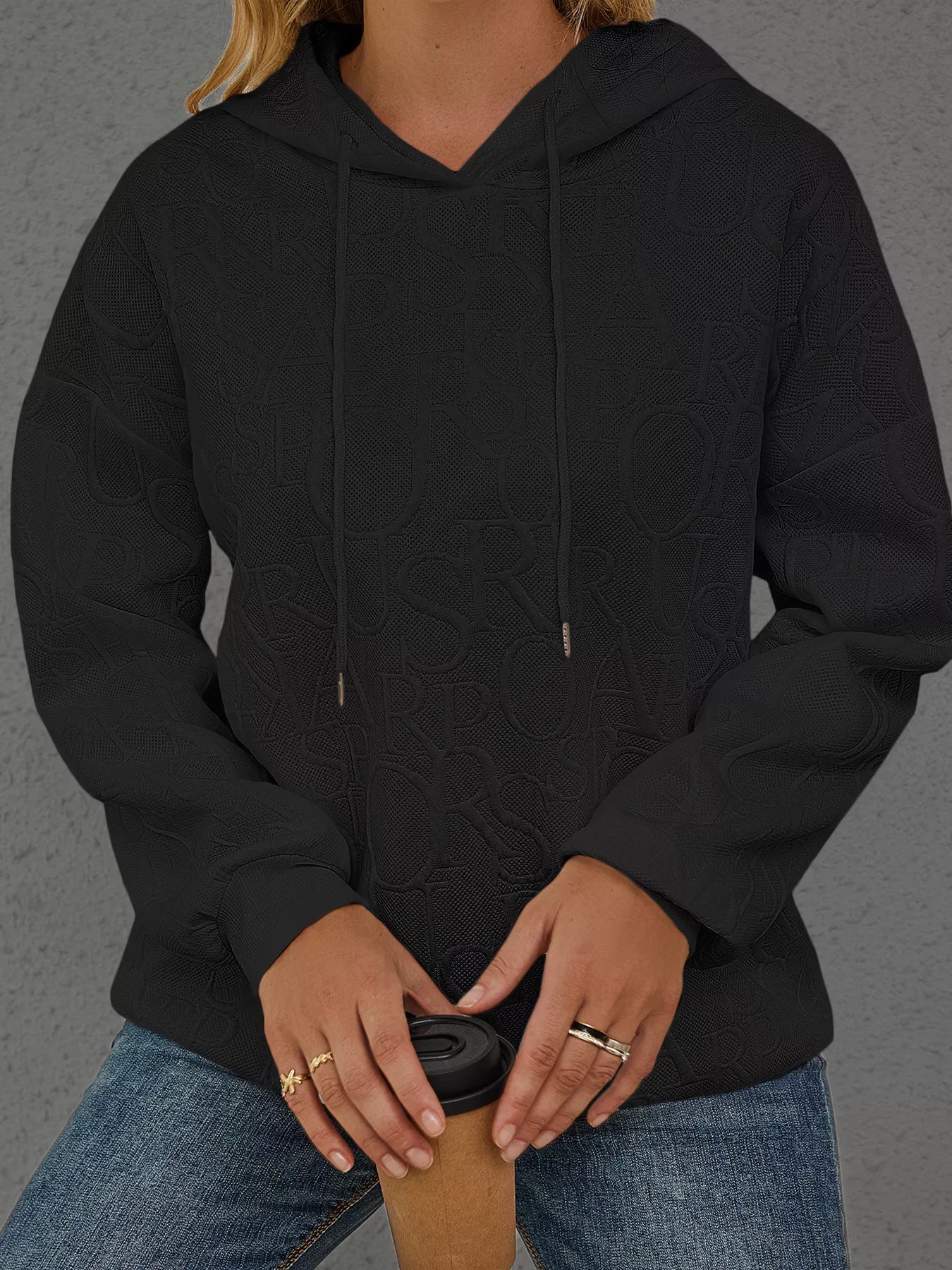 Full Size Embossed Lettering Casual Hoodie Plus Size