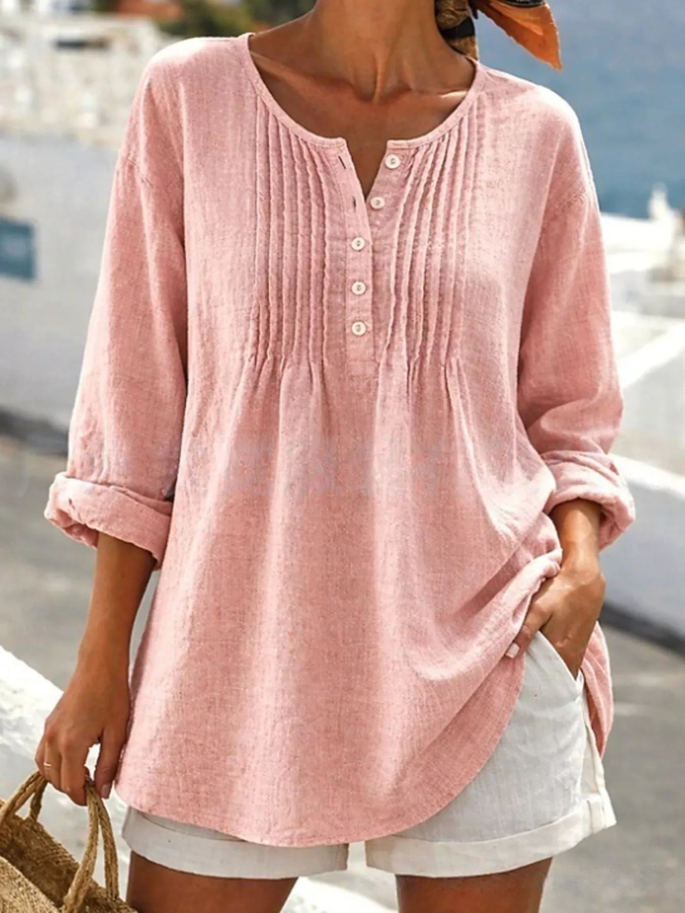 Casual Button Detail Long Sleeve Linen Shirt