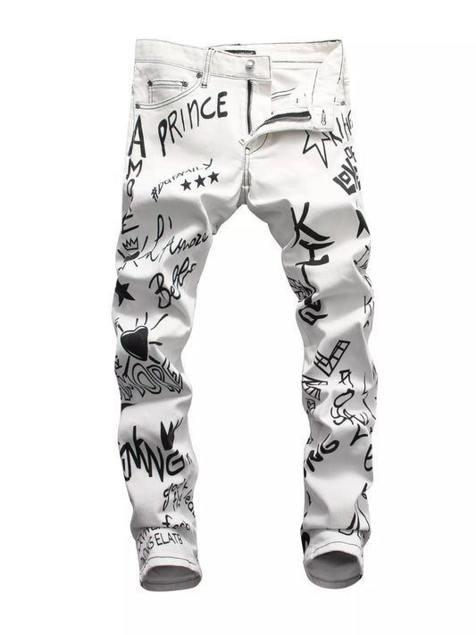 Men's Graffiti Print Slim Fit Jeans