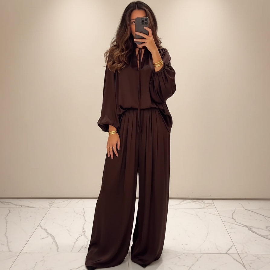 Women's V-Neck Lace-Up Bishop Sleeve Wide-Leg Pants Set