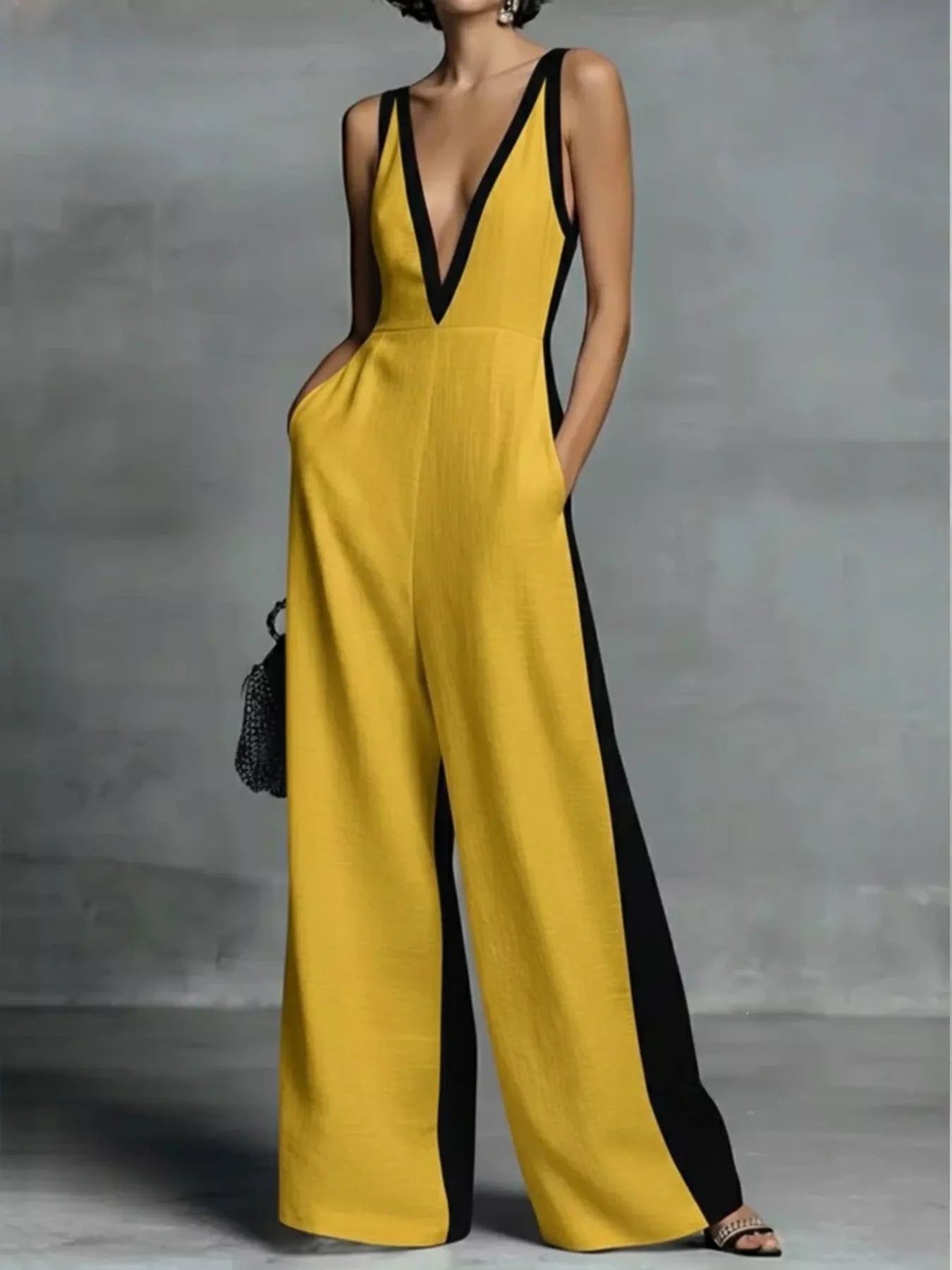 Deep V-Neck Wide-Leg Jumpsuit with Contrast Trim
