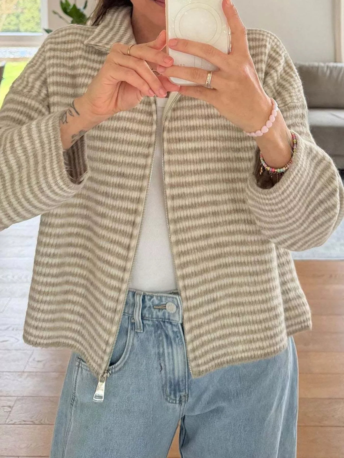 Striped Zip-Up Knit Cardigan