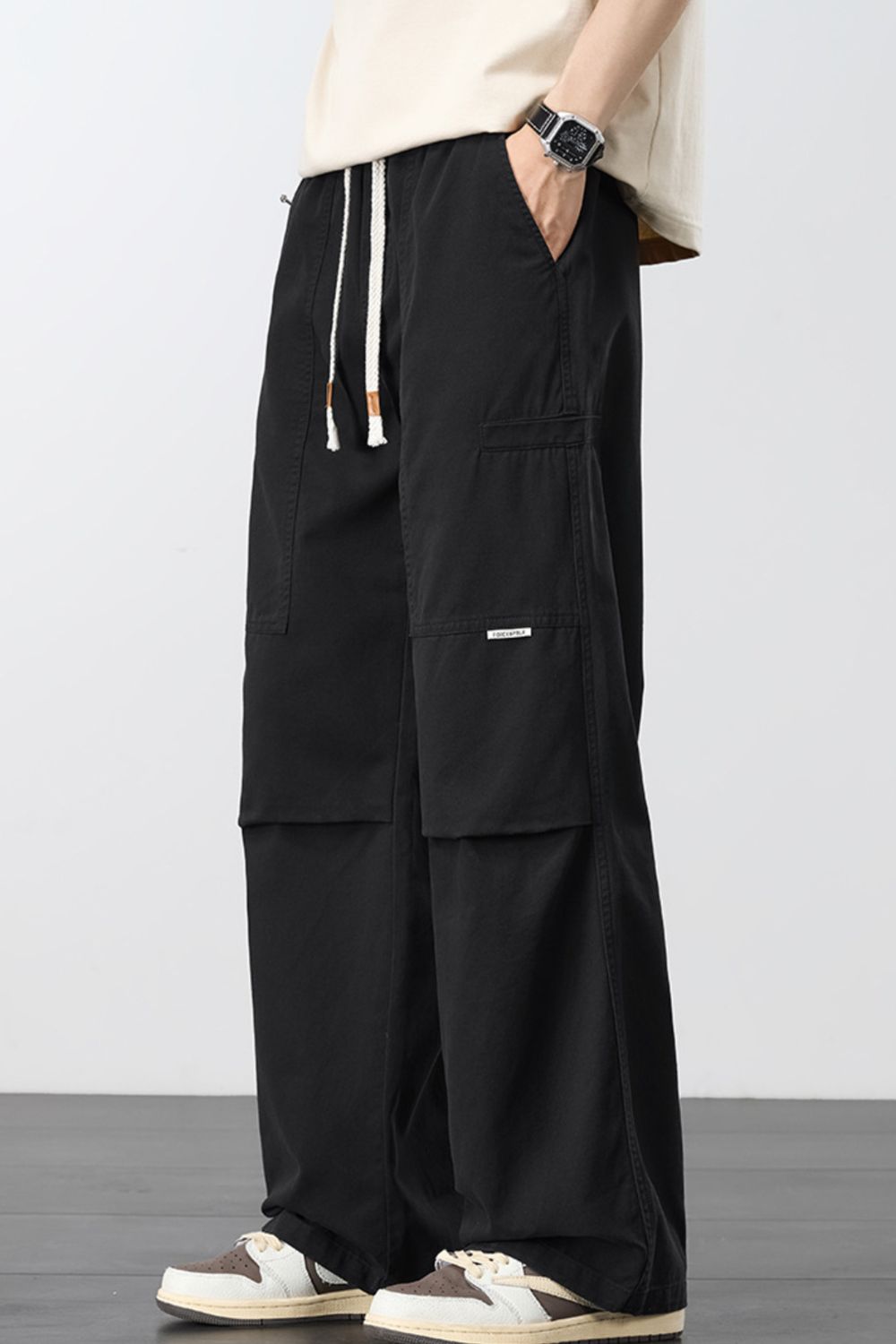 Men's Plus Size Loose Fit Cargo Pants with Drawstring