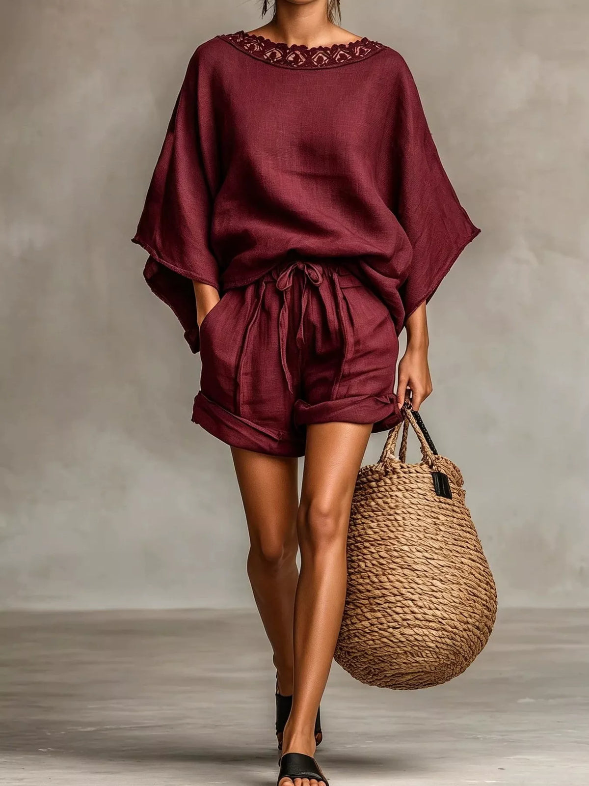 Lace Trim Top and Drawstring Shorts Set