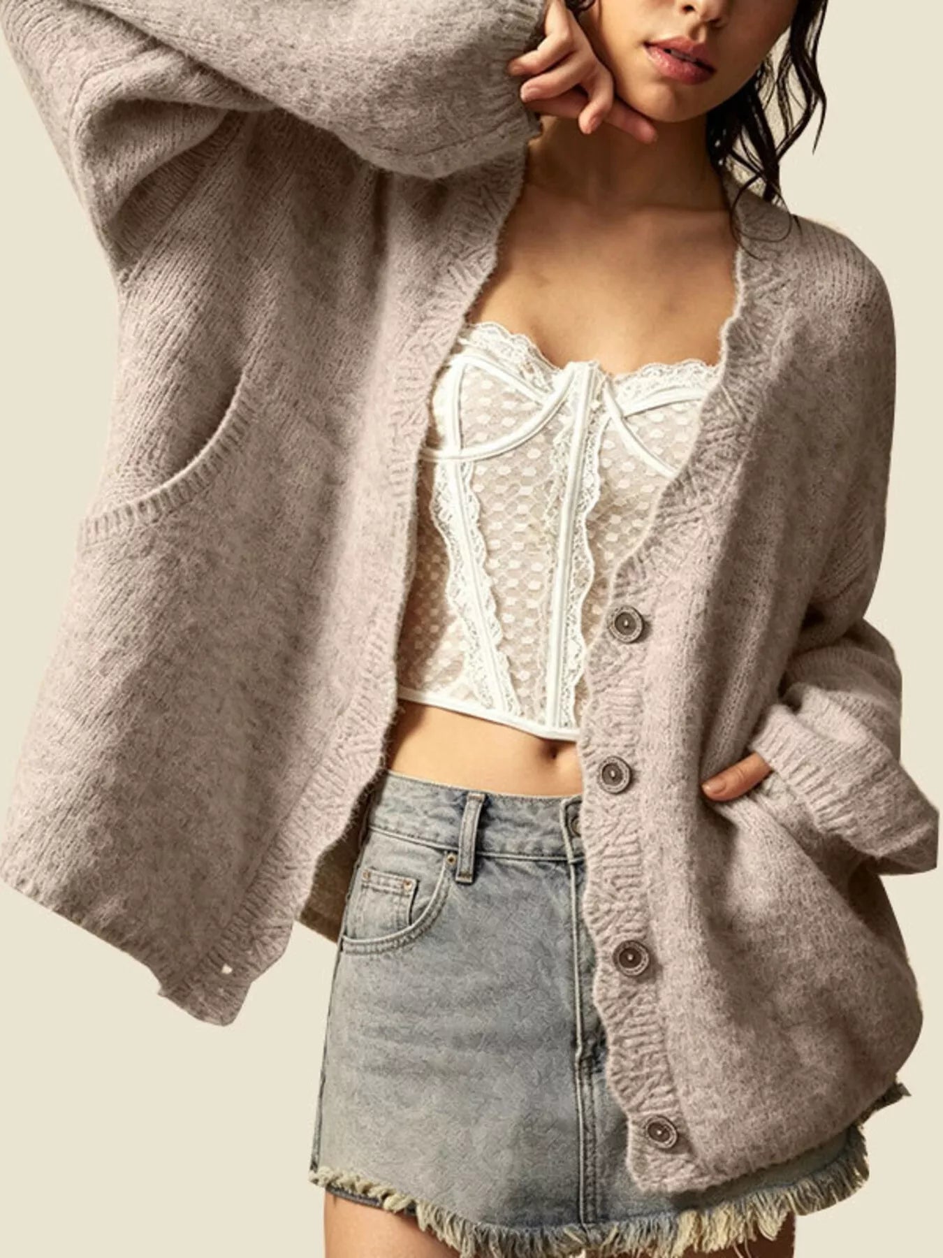 V-Neck Button-Down Knit Cardigan