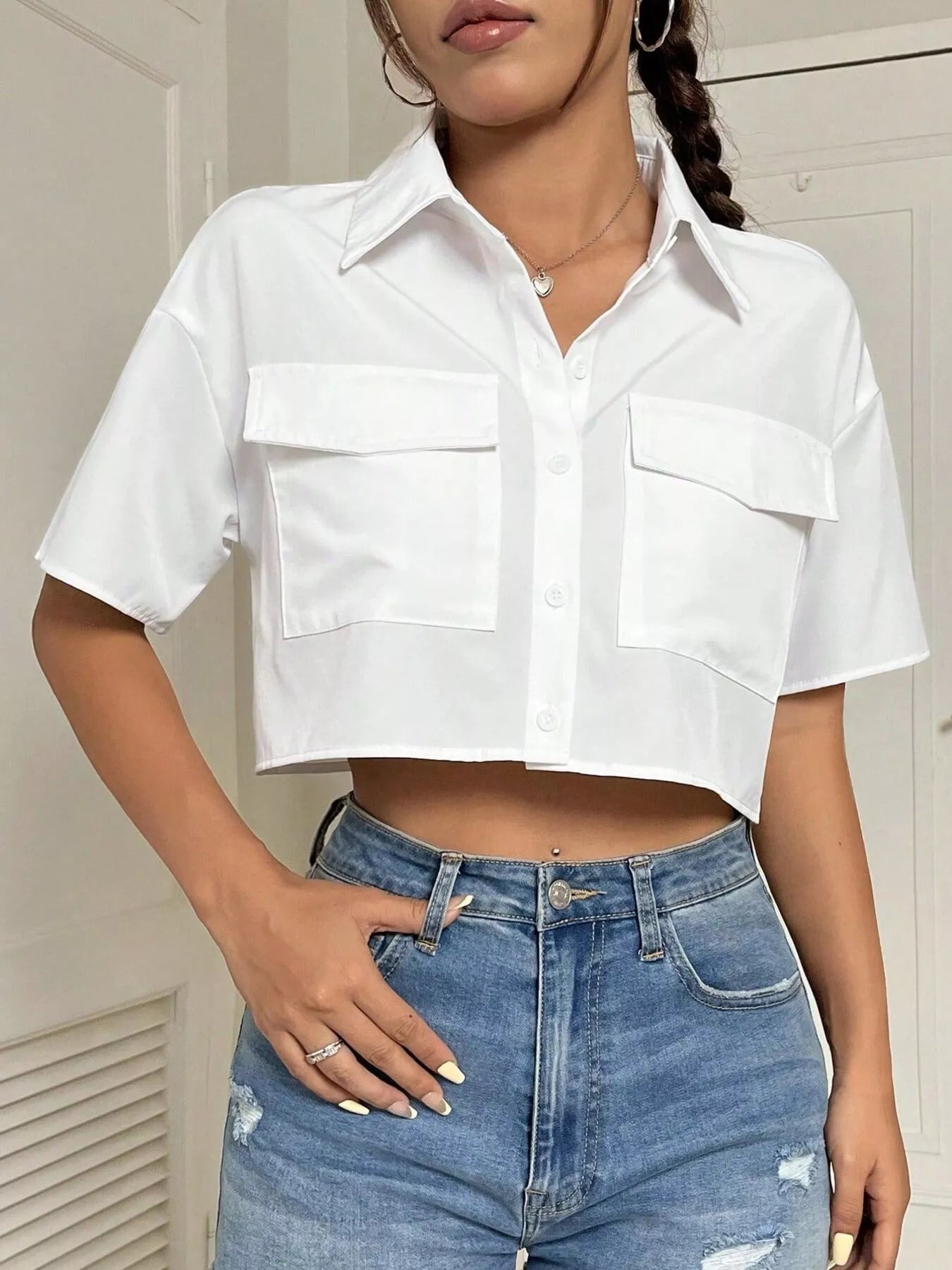 Short Sleeve Crop Shirt with Chest Pockets