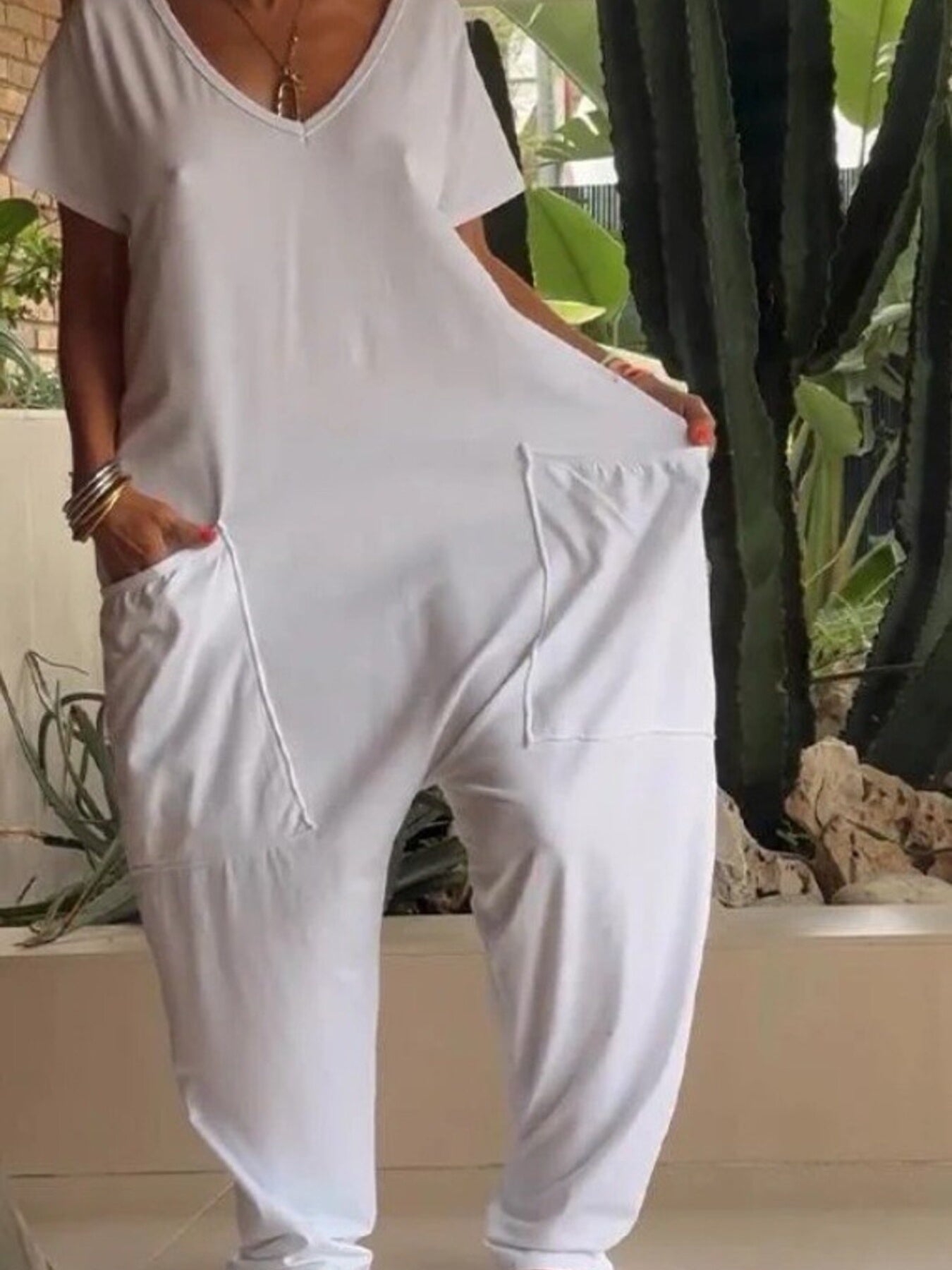 Full Size Loose Fit V-Neck Short Sleeve Wide Leg Jumpsuit Plus Size