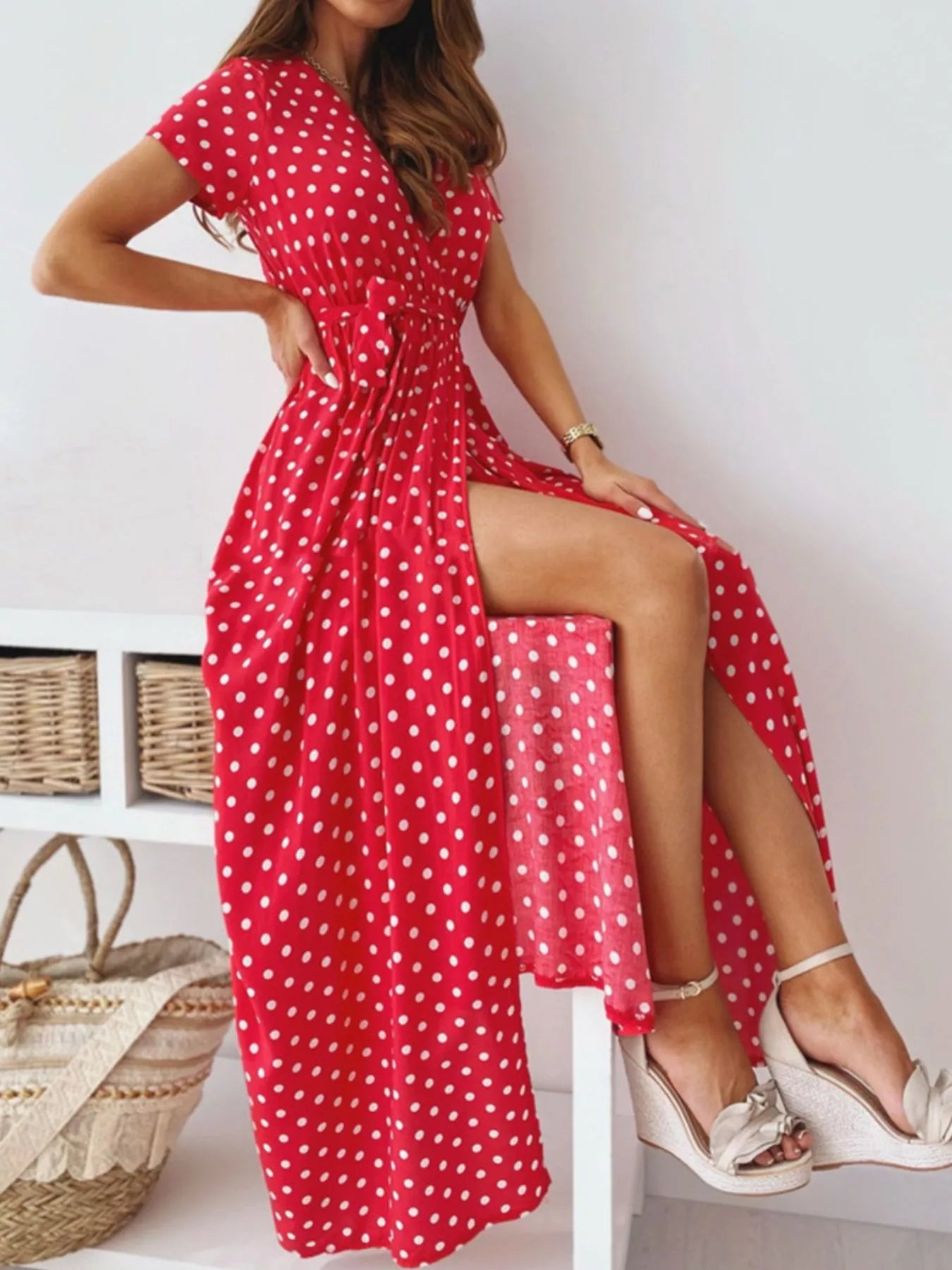 Polka Dot Surplice Maxi Dress with Slit