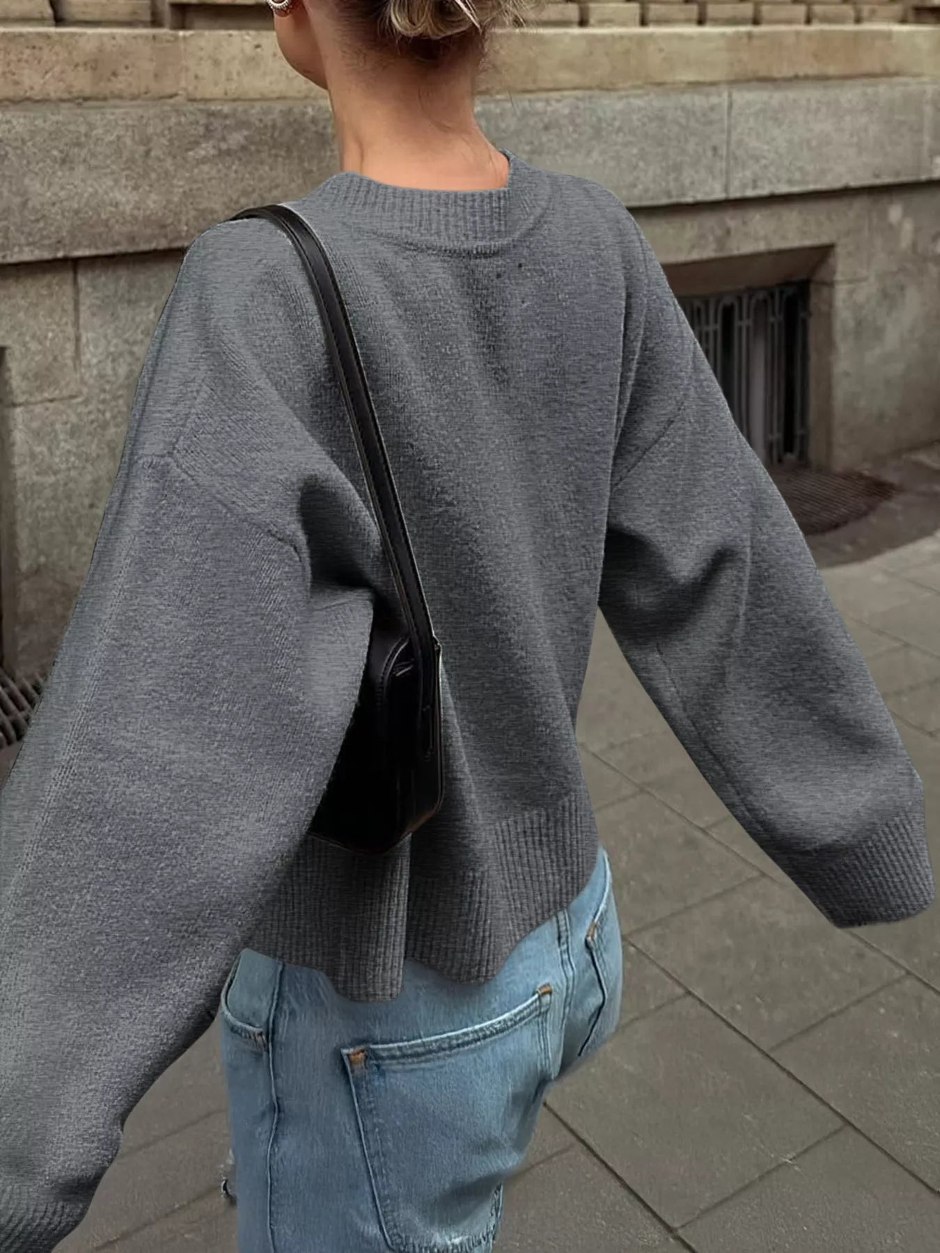 Ribbed Round Neck Dropped Shoulder Sweater