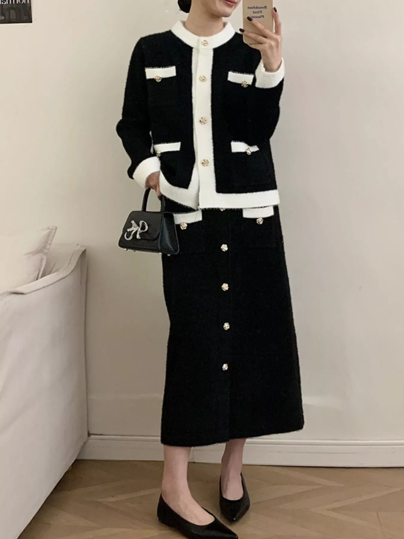 Contrast Trim Jacket and Skirts Sweater Set