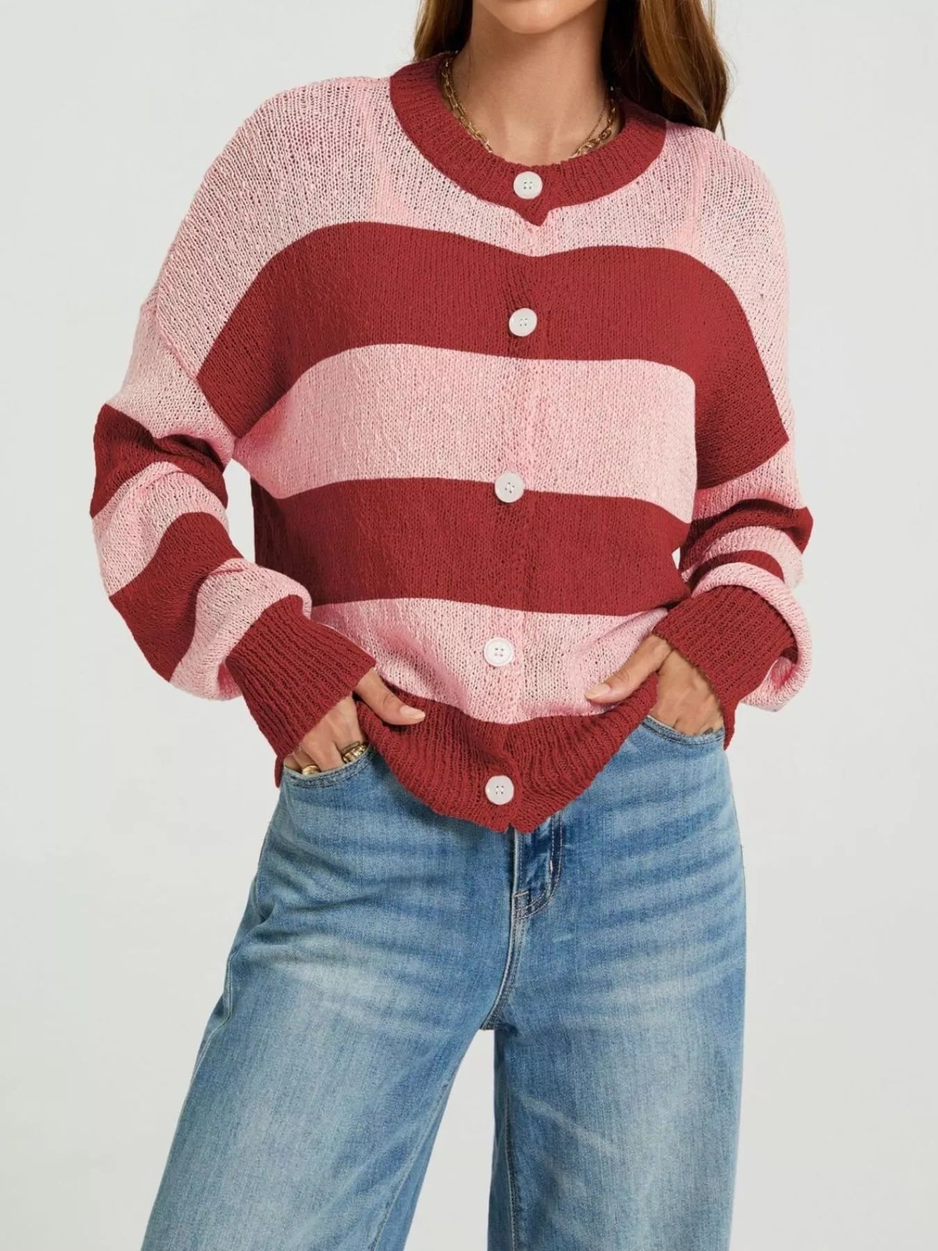Casual Striped Button-Down Knit Cardigan