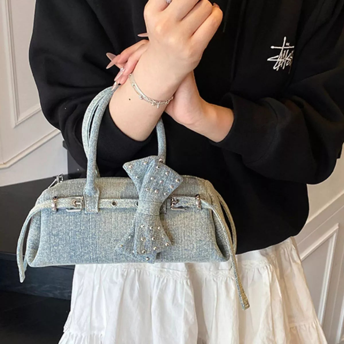 Denim Bow Accent Crossbody Bag