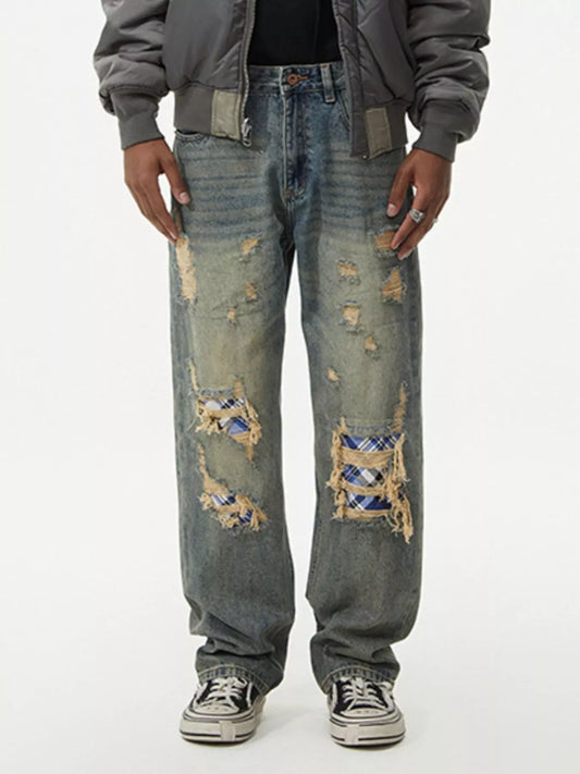 Men's Distressed Plaid Patch Wide Leg Jeans