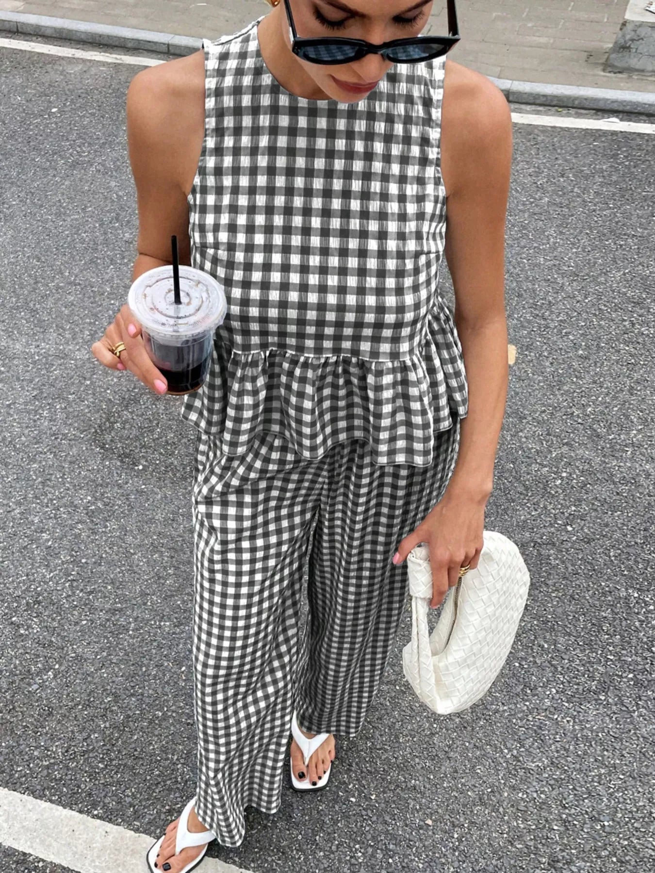 Gingham Sleeveless Top and Wide Leg Pants Set