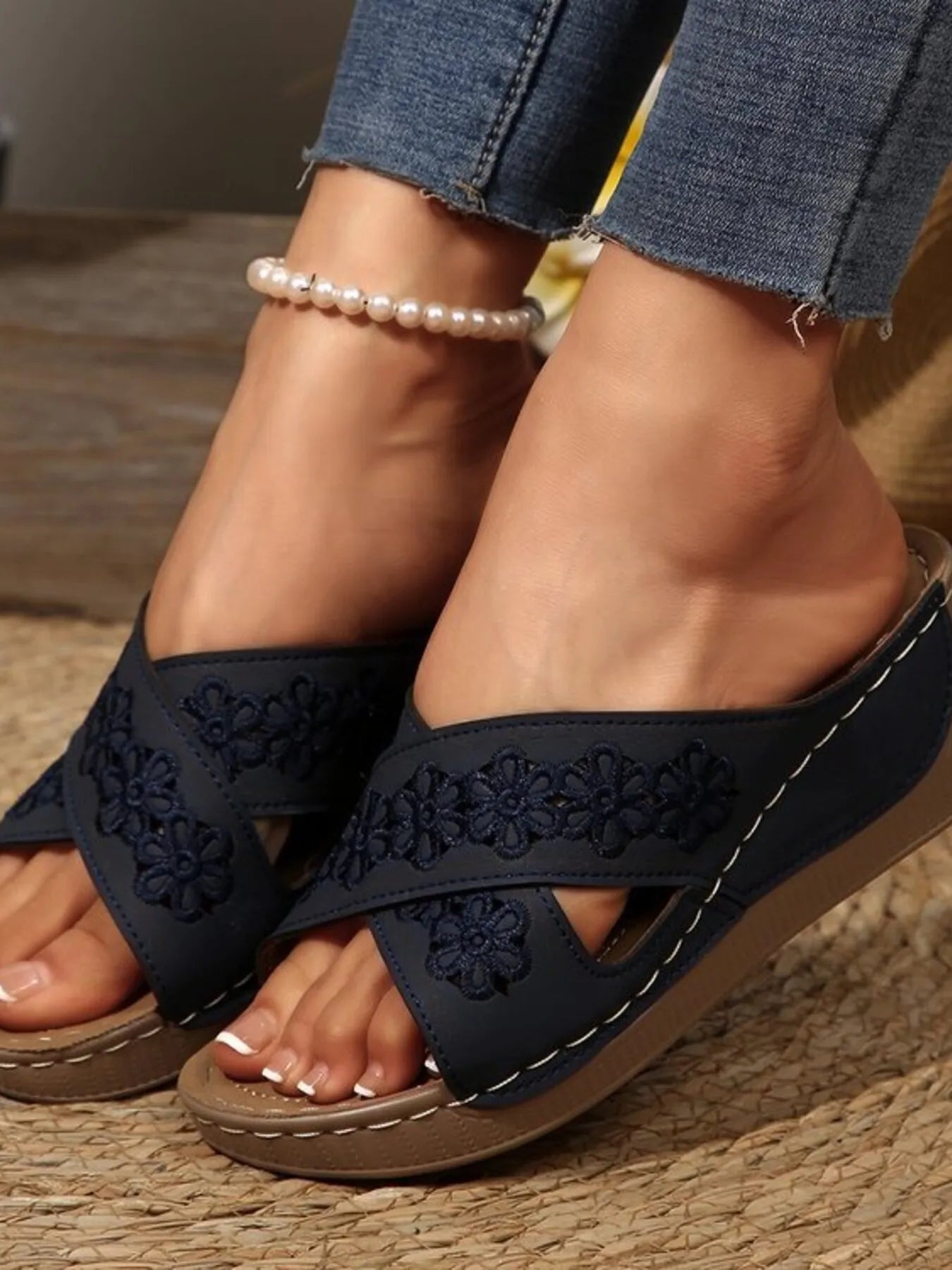 Crisscross Flower Wedge Sandals