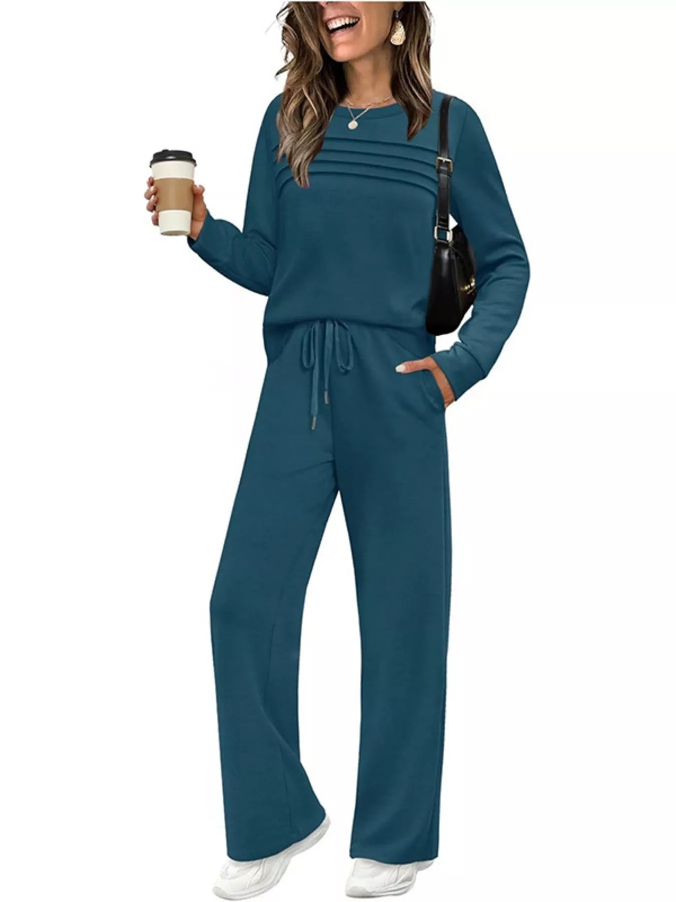 Full Size Casual Long Sleeve Crewneck Top and Drawstring Pants Set Plus Size