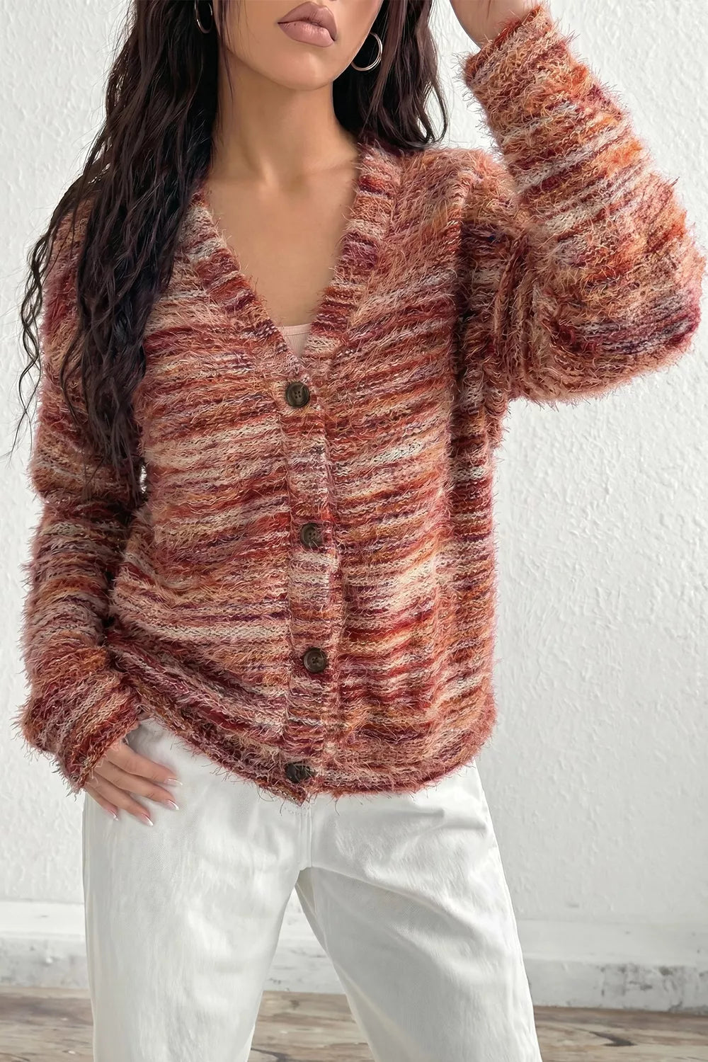 Fuzzy Striped Button Front Cardigan Sweater
