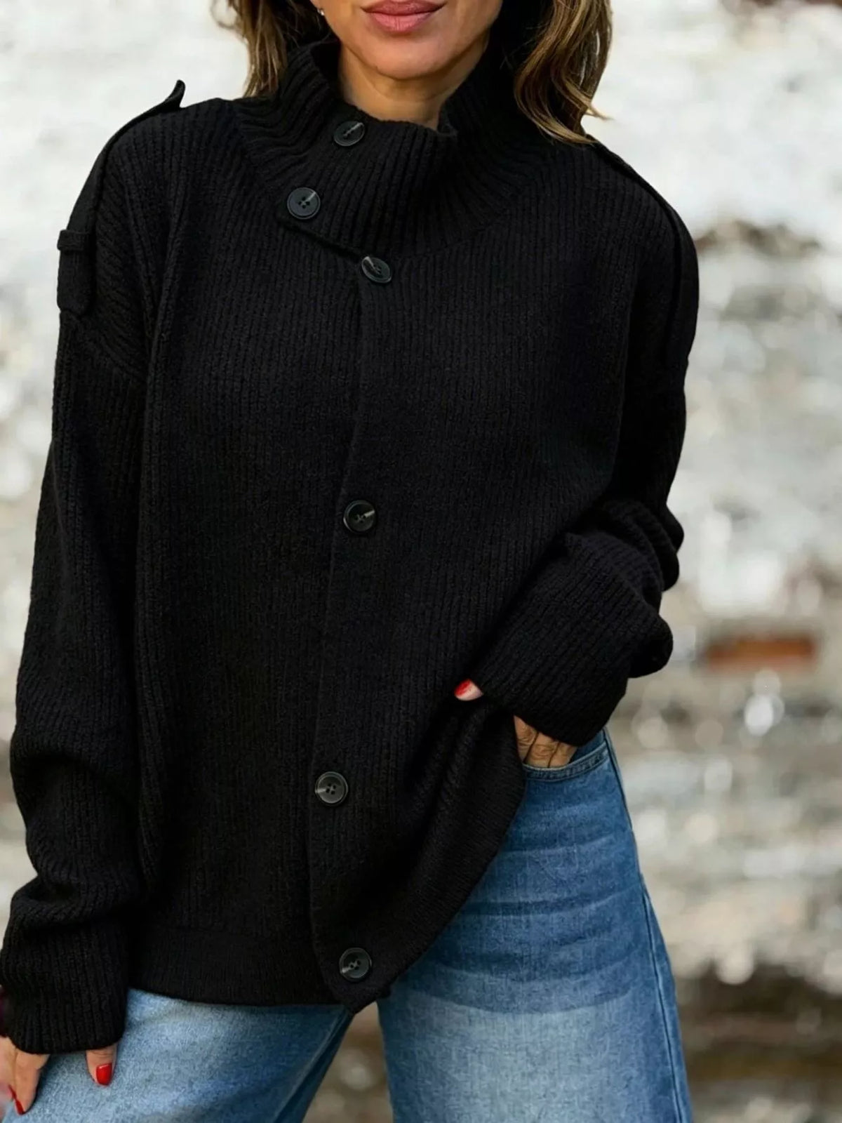 Full Size Button-Up Mock Neck Cardigan Plus Size