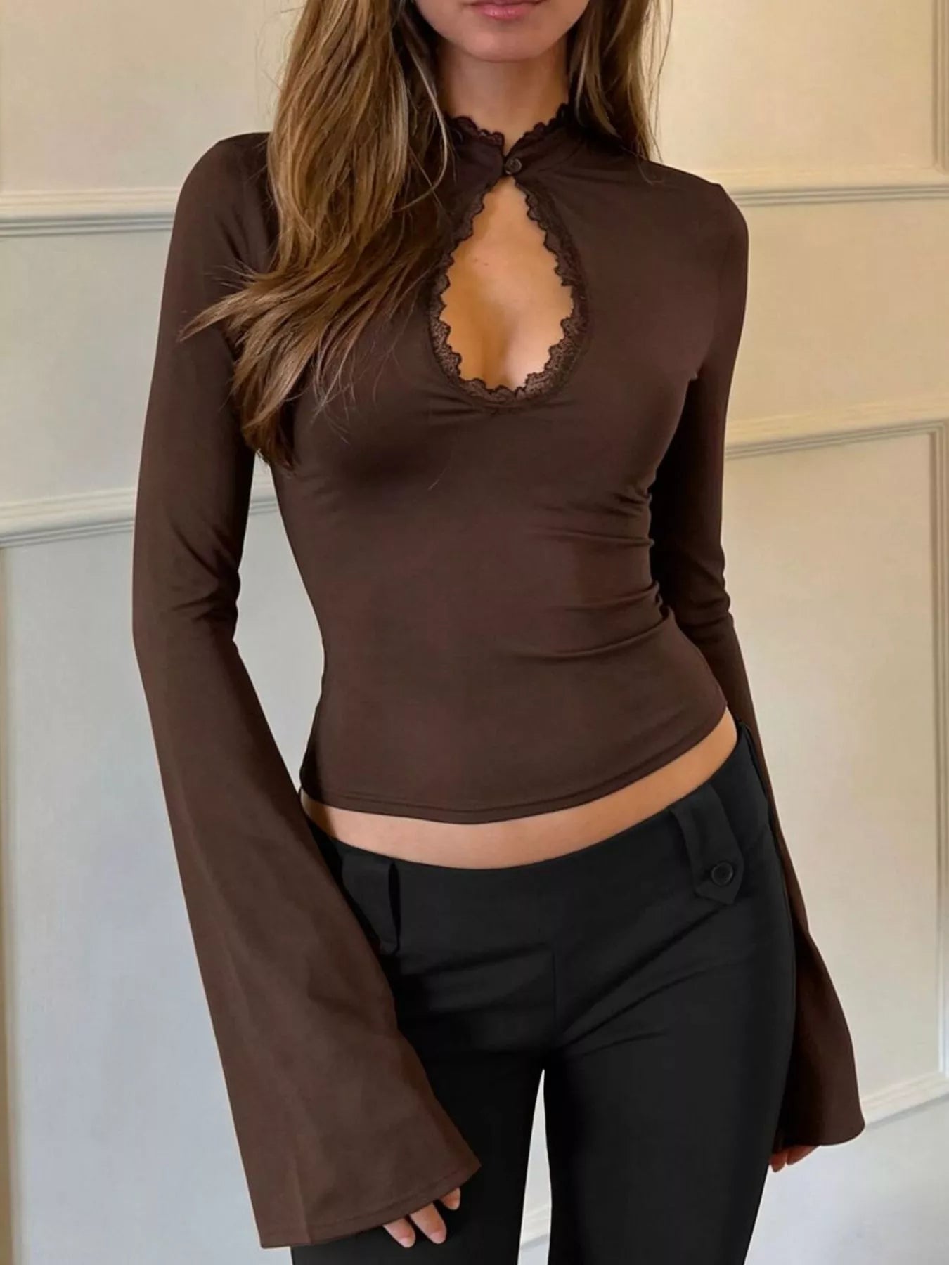 Lace-Trimmed Keyhole Long Sleeve T-Shirt