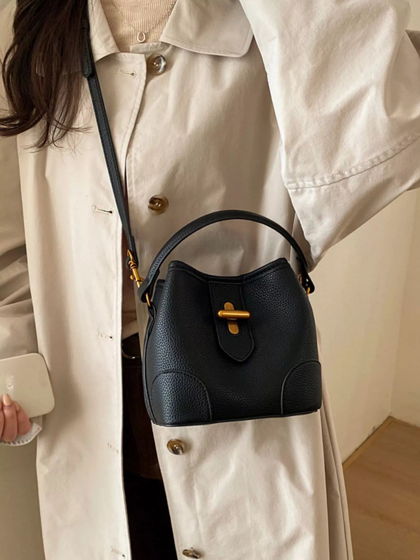 Textured Leather Bucket Crossbody Bag