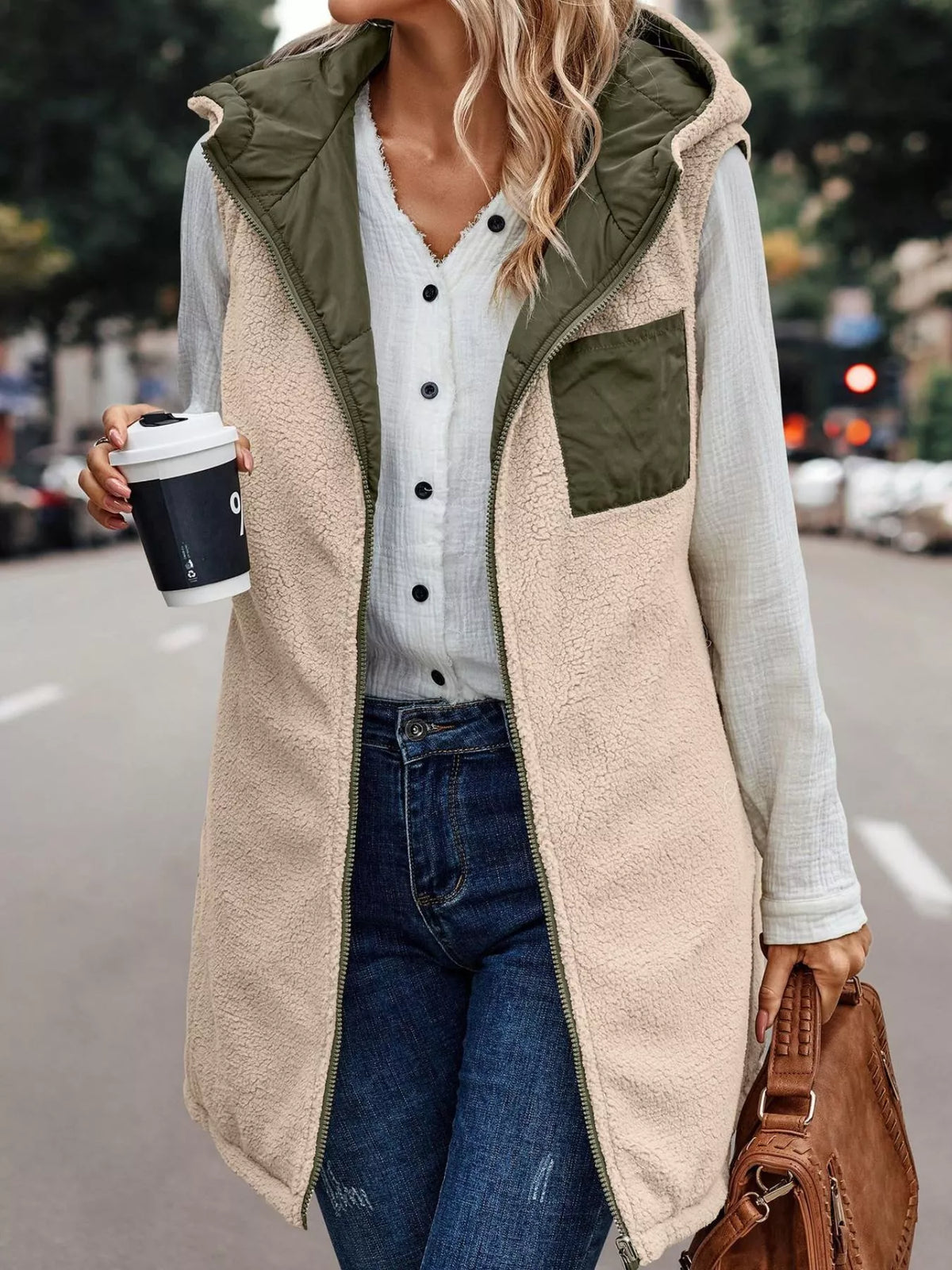 Full Size Hooded Sherpa-Lined Puffer Vest Coat Plus Size
