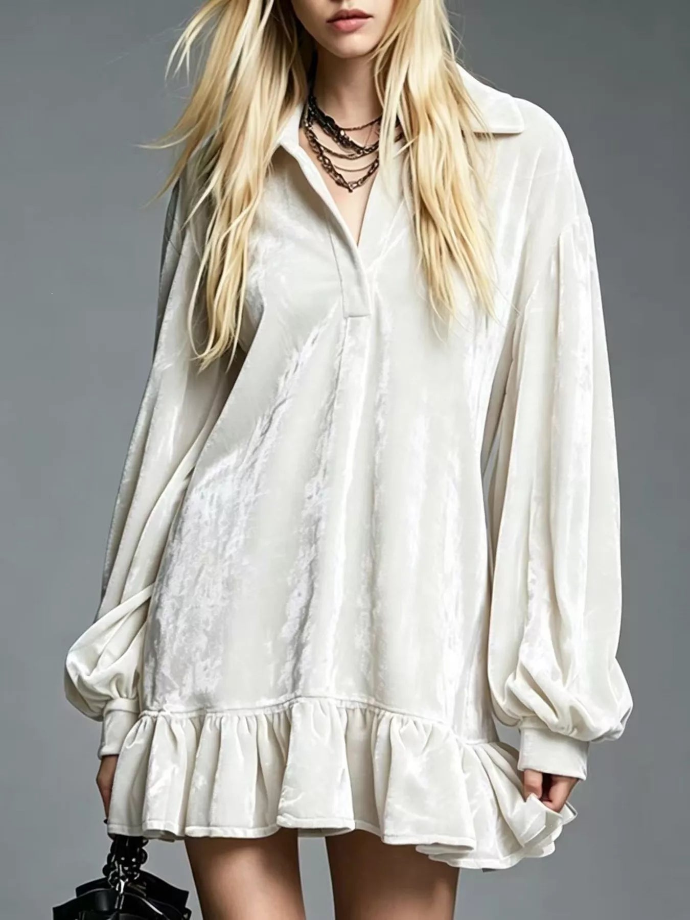 Full Size Velvet Ruffled Hem Long Sleeve Dress Plus Size