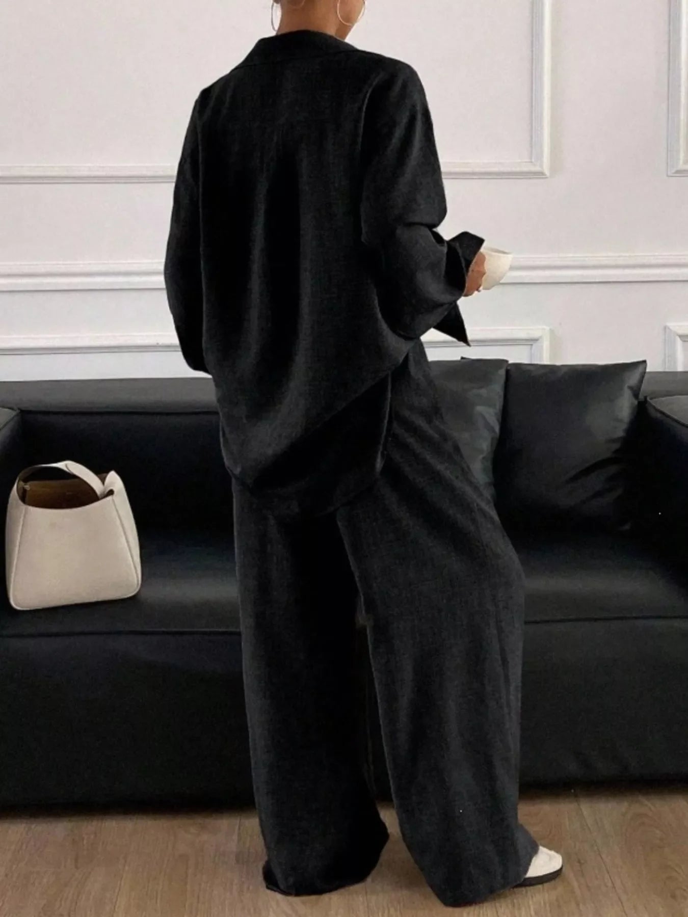 Button-Down Shirt and Wide-Leg Pants Set