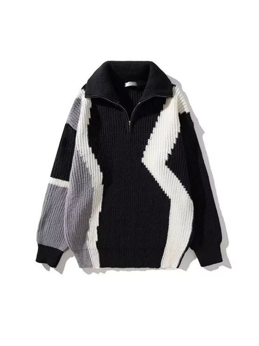 Men's Plus Size Color Block Zip Collar Sweater