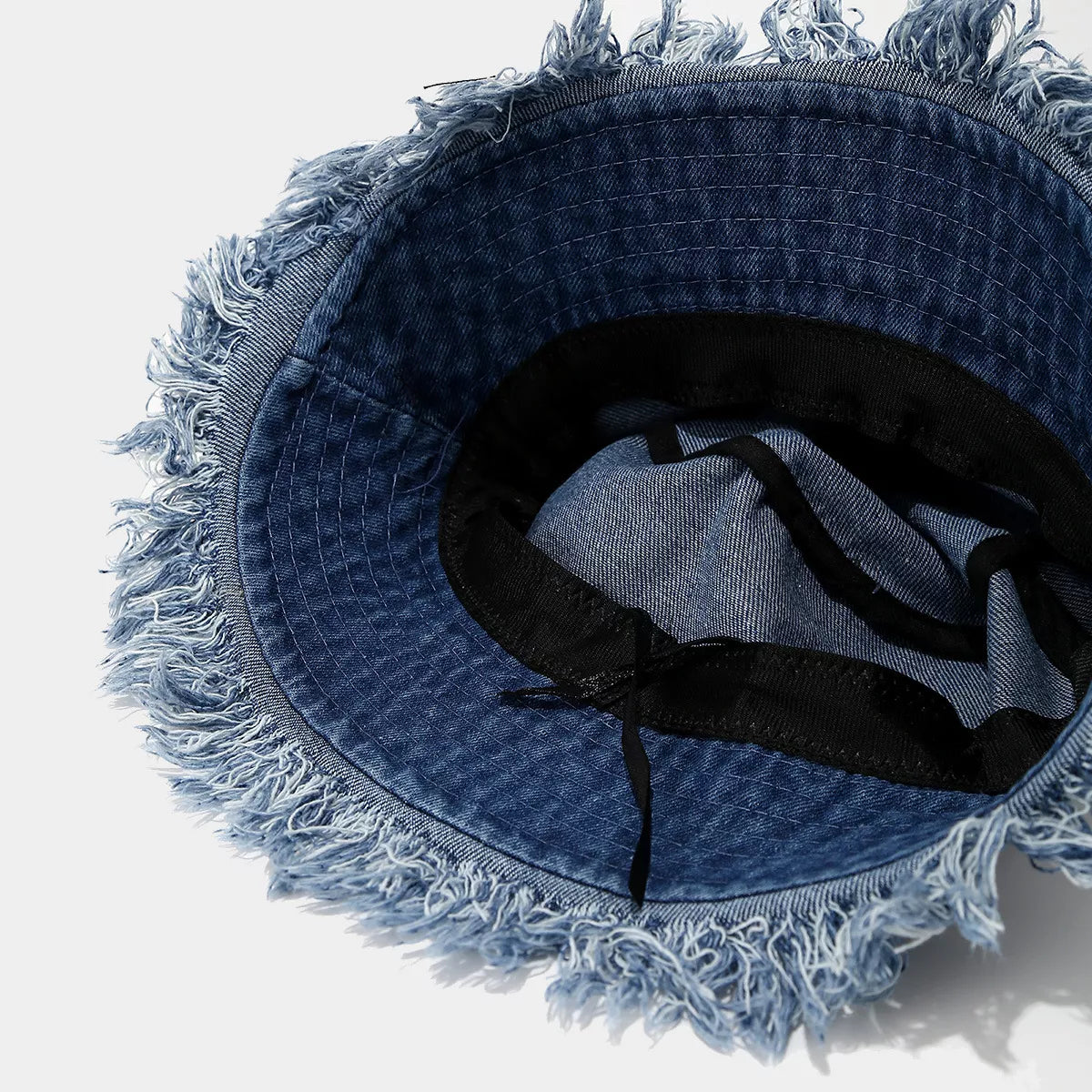Vintage Washed Denim Bucket Hat with Frayed Raw Edge