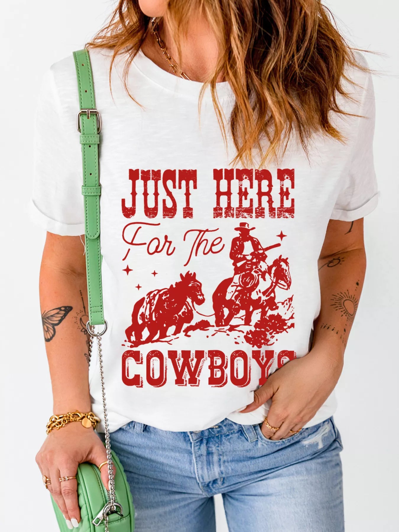 JUST HERE For THE COWBOY Cuffed Sleeve Crew Neck T Shirt