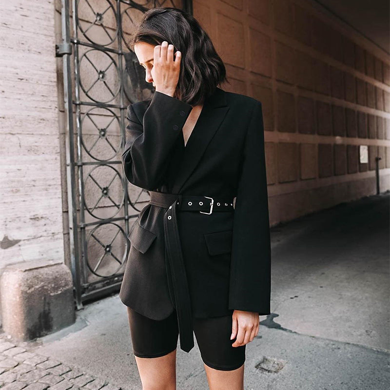 Black Long Blazer With Sashes Autumn Coat (See size chart where applicable)