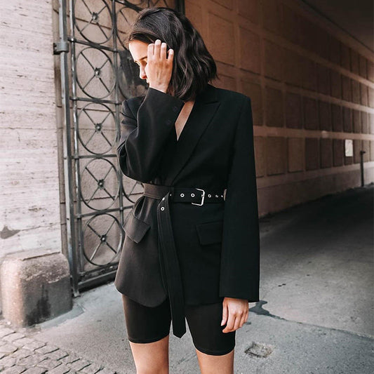 Black Long Blazer With Sashes Autumn Coat (See size chart where applicable)