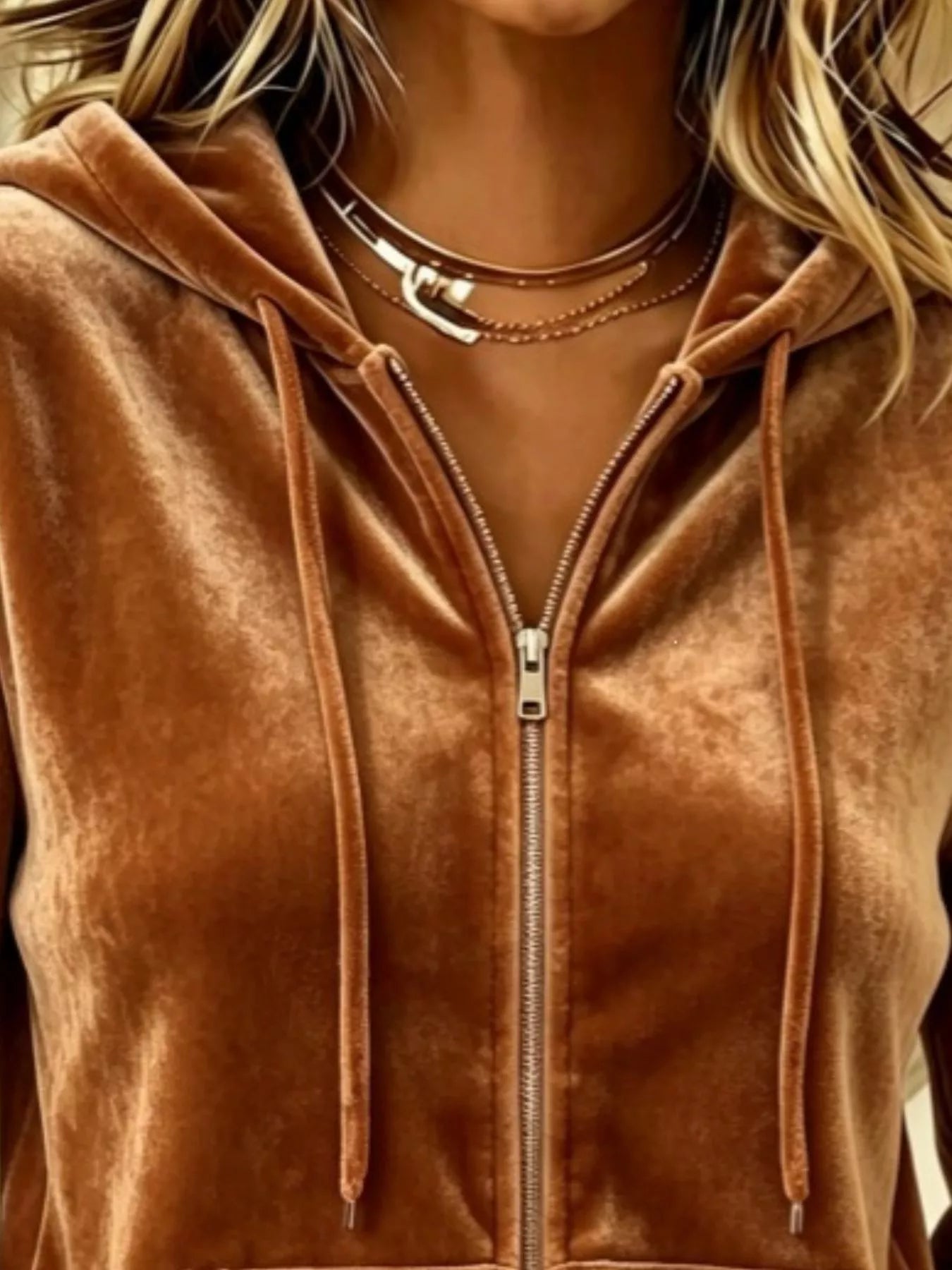 Full Size Velvet Zip-Up Hoodie with Drawstring Plus Size