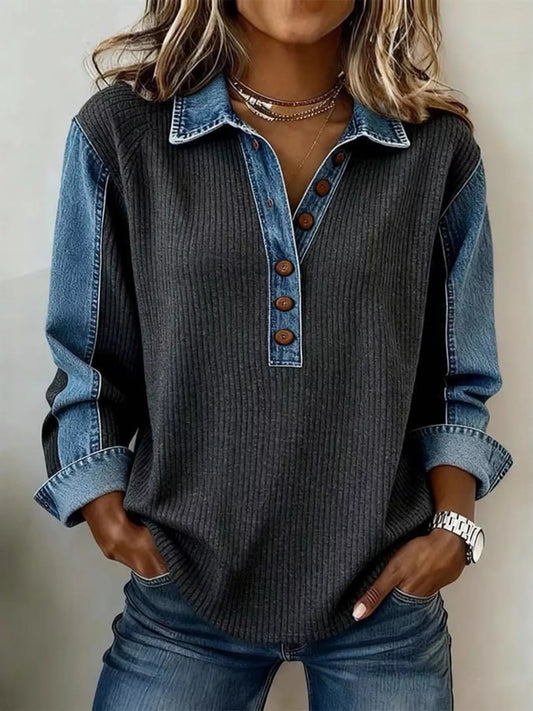 Denim Trim Button Detail Sweatshirt