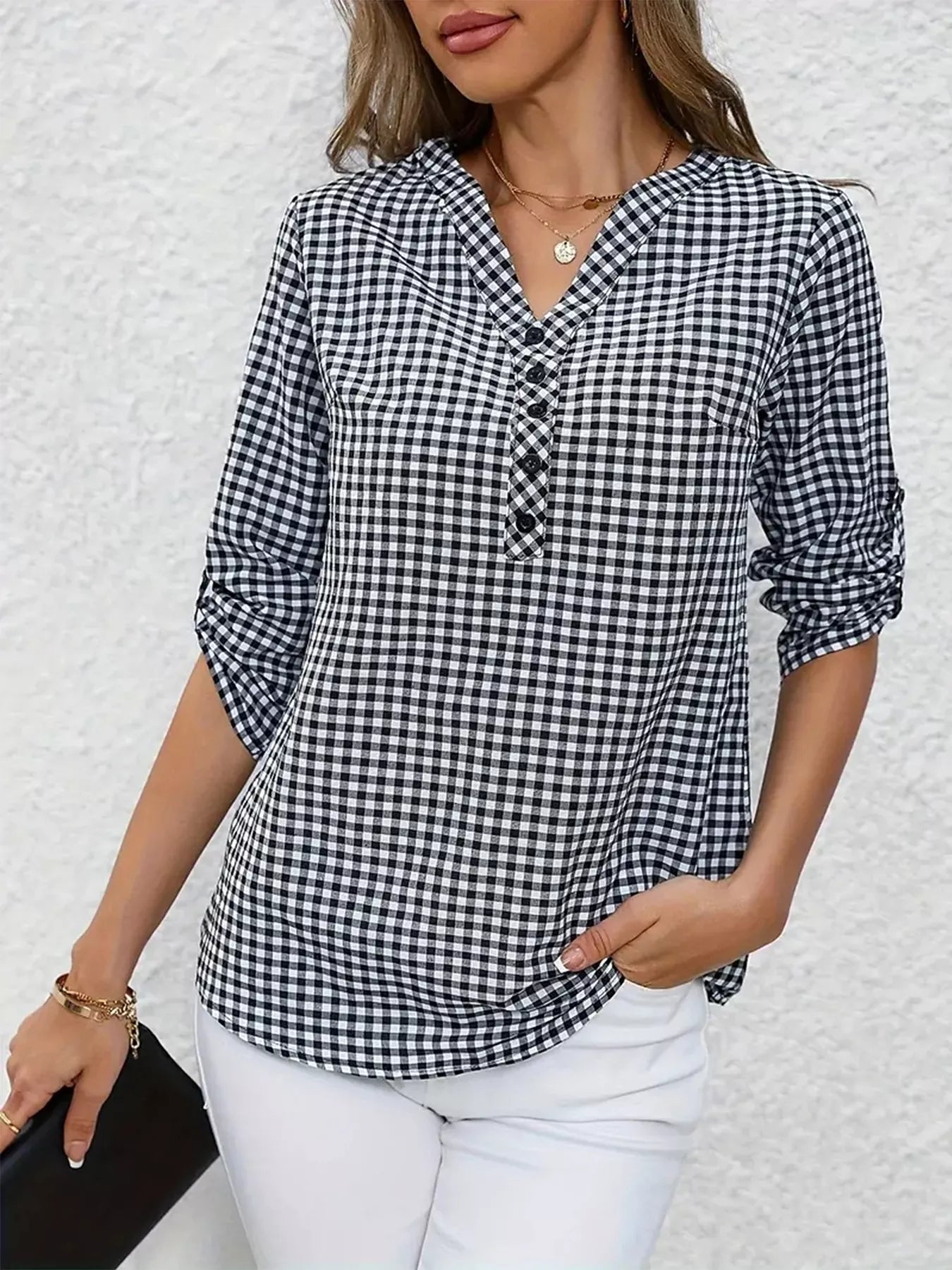 Gingham Button Detail Blouse