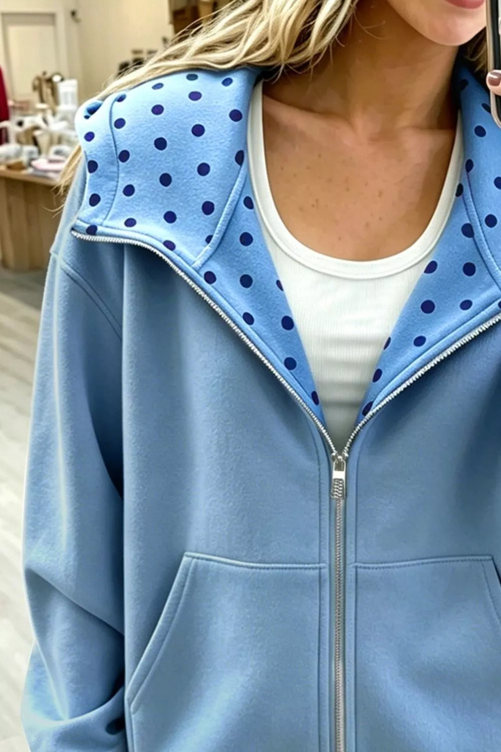 Polka Dot Lined Zip-Up Hoodie