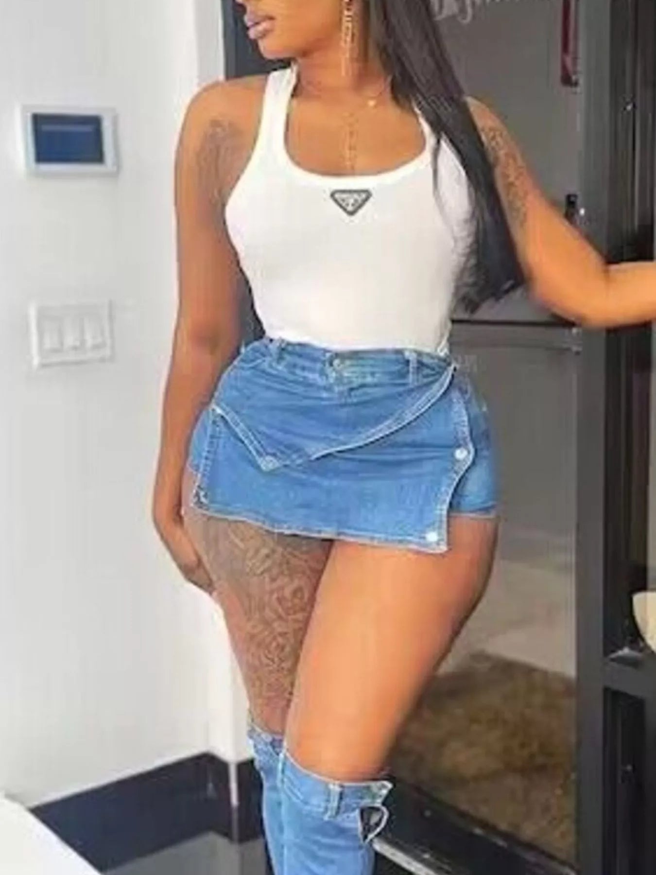 Asymmetrical Wrap Denim Skort